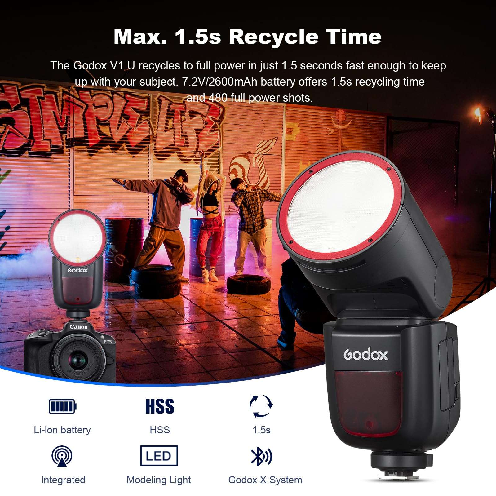 Godox V1S USA V1 SU Round Head Flash for Sony TTL Hot Shoe Flash 2.4G X Wireless HSS 1/8000s 2980mAh Lithium Battery LED Modeling Lamp Shot speedlight with Tri-Color Diffuser for Sony(USA Version) 3