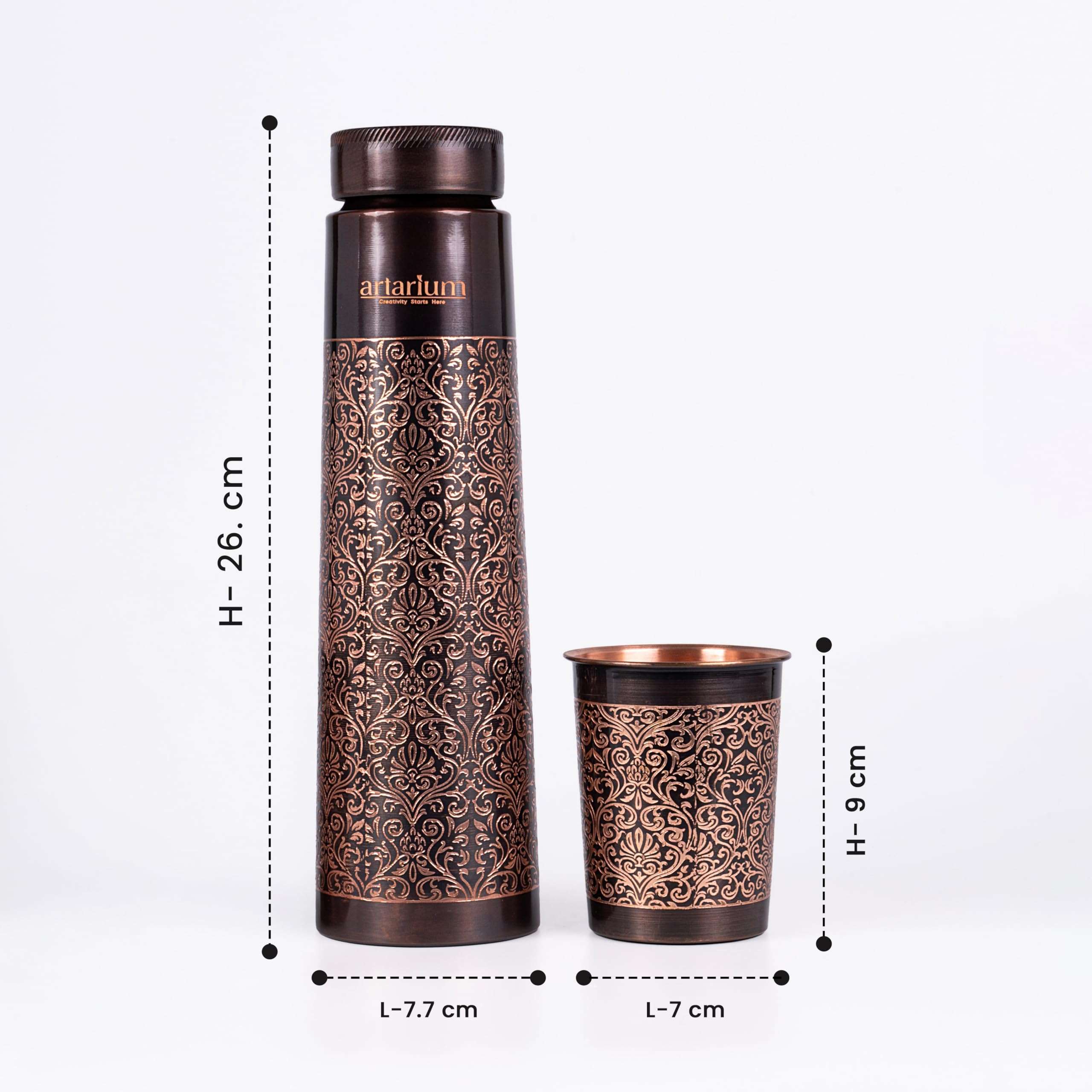 Artarium Classic Etching Copper Bottle with Two Cups Copper Bottle & Cup Set with Intricate Etching Eco-Friendly & Stylish (1 Litre) 4