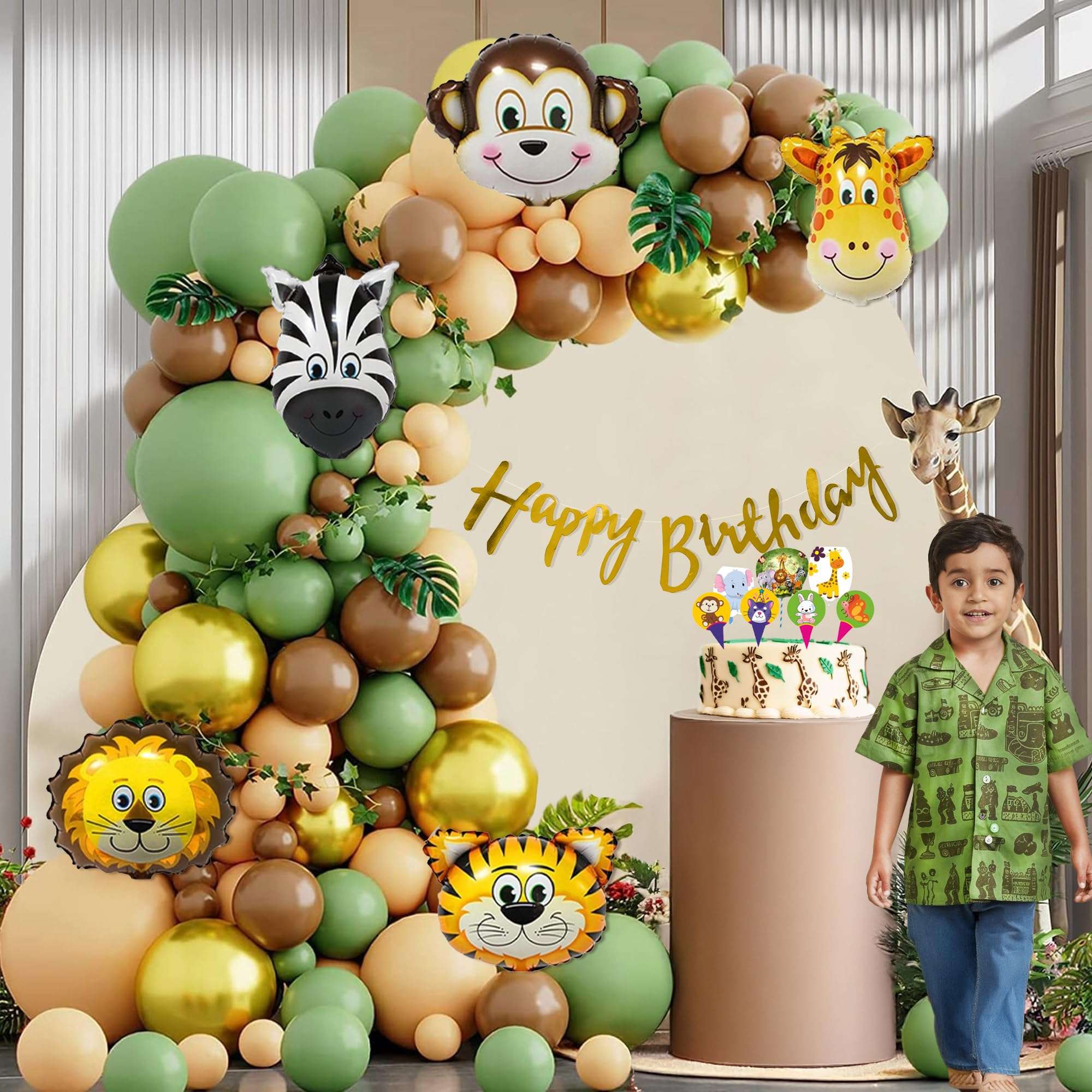 Special You Jungle Theme Birthday Decoration kit for Boys, Girls with Olive Green, Peach, Retro Brown Balloons, Animal Foil Balloons for Decoration, Jungle Cake Topper, Birthday Decor Items- 65 Pcs 4