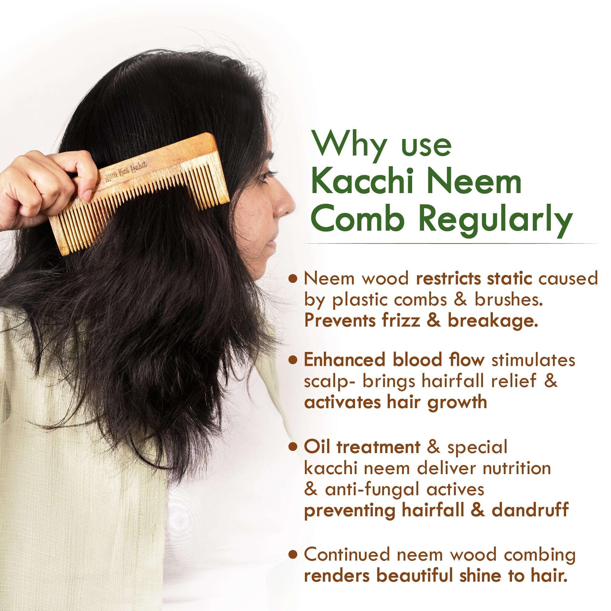 Nat Habit Kacchi Neem Wooden Comb, Soaked In 13 Herbs, Neem & Sesame Oil For Men & Women Daily Styling & Detangling (Fine Tooth Large Size) Pack of 1 5