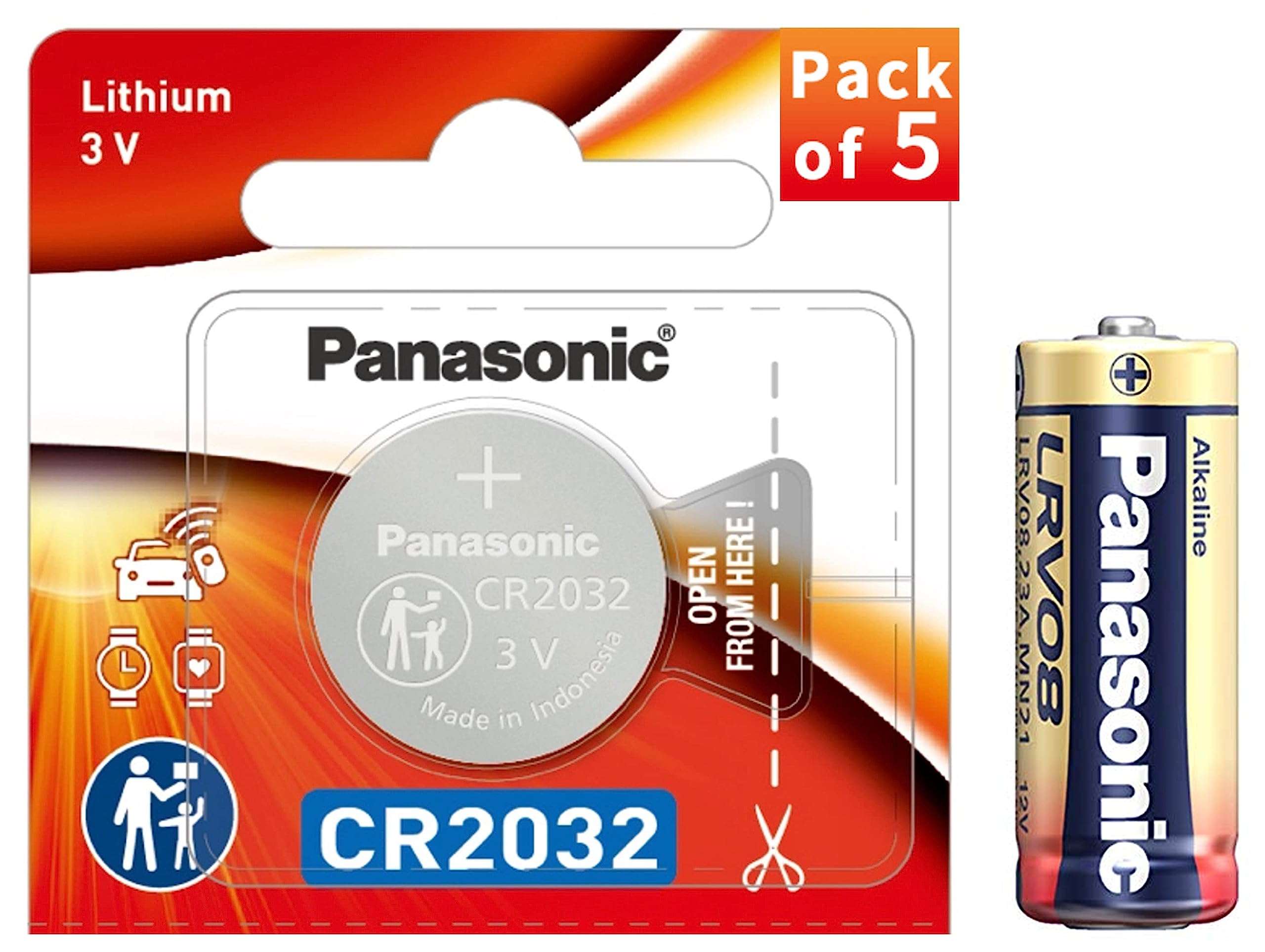 Panasonic Alkaline A23 12V Battery, Pack of 5 & CR-2032 Lithium Coin Battery 3v - Pack of 5 Provide Long Lasting Power in a Variety of Devices,from keyless-Entry fobs to Toys