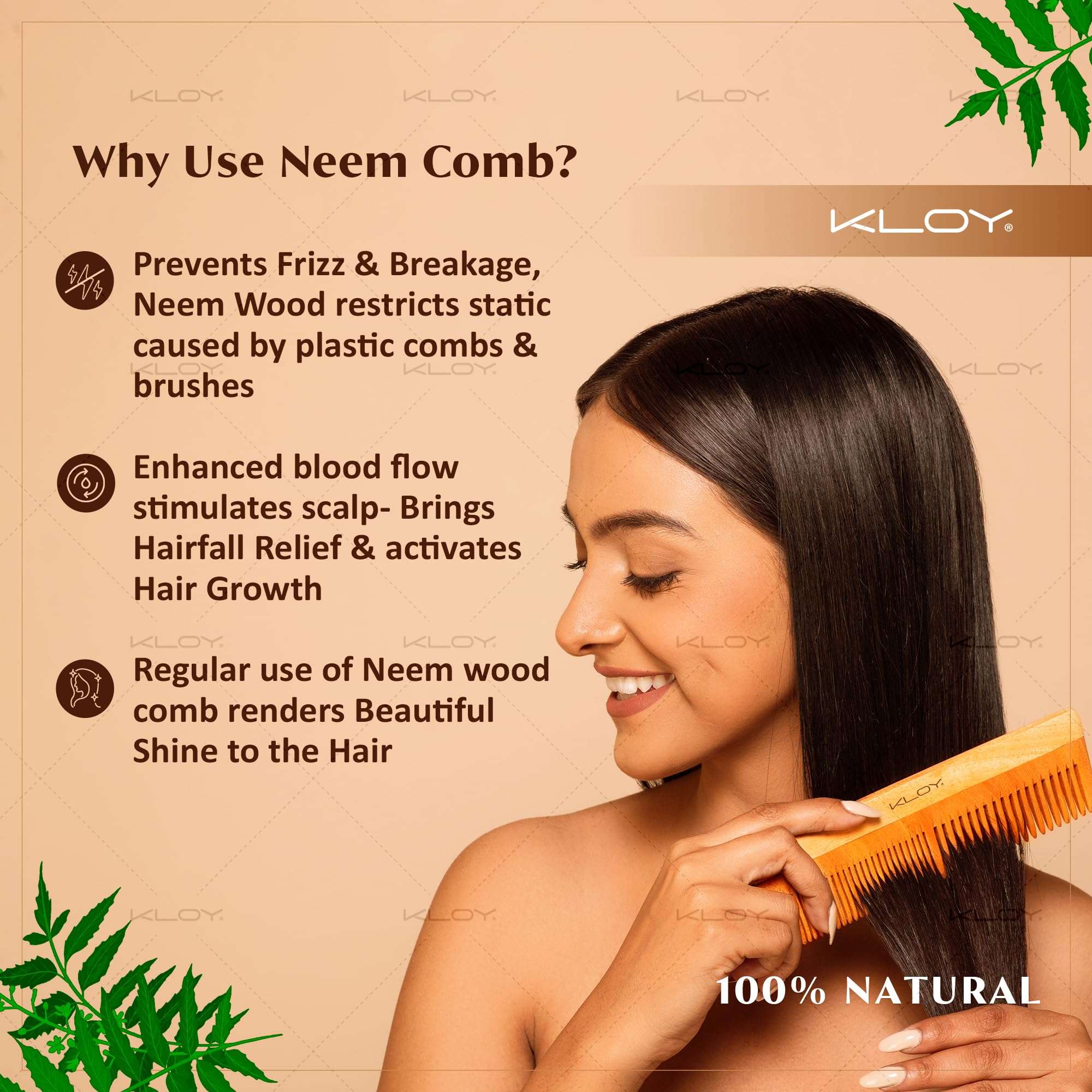 KLOY Oil Treated Kacchi Neem Comb, Treated with Neem Oil, Bhringraj & 15+ Herbs, Hair Growth, Anti Hairfall, Dandruff Control | Hair Straightening, Frizz Control Comb For Men, Women (Dual Tooth) 5