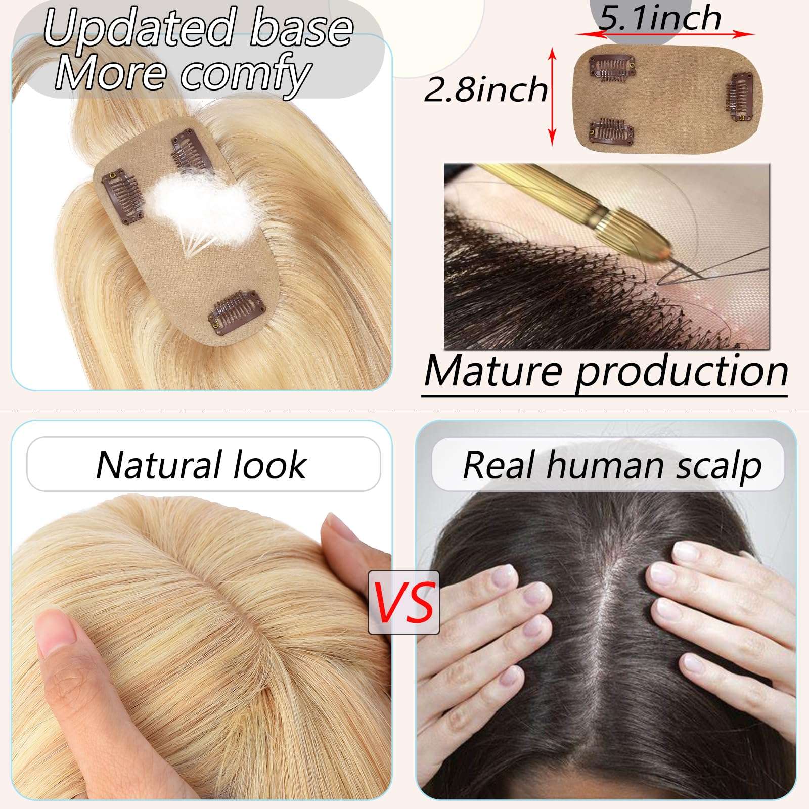 RICH BRIA Hair Toppers for Women with Thinning Hair Real Human Hair with Bangs Toppers Hair for Women Hair Toppers with Bangs for Hair Loss Grey Hair 10" #18P613 Ash Blonde mix Bleach Blonde 6