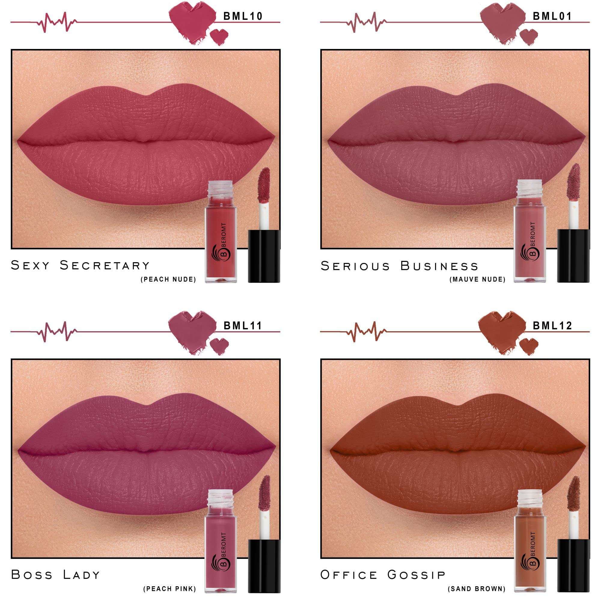 Beromt mini matte lipstick office collection kiss proof smudge proof waterproof super stay long lasting for woman professional set of 4 - BOMC01 3