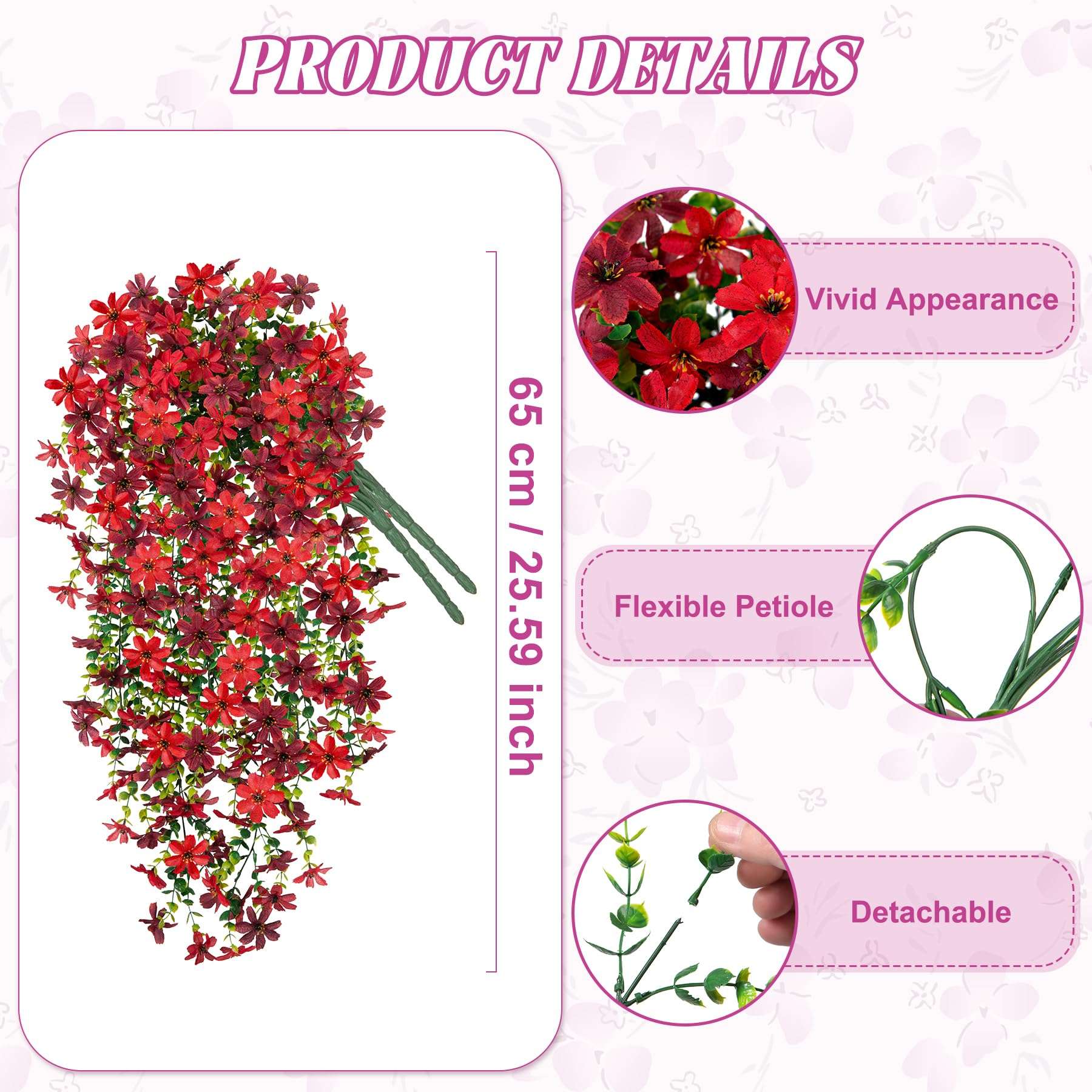 Artificial Hanging Flowers Outdoor Spring Decoration, Fake Hanging Vine Plants UV Resistant, Faux Daisy Flower Eucalyptus for Outside Home Indoor Porch, Red Brown 3