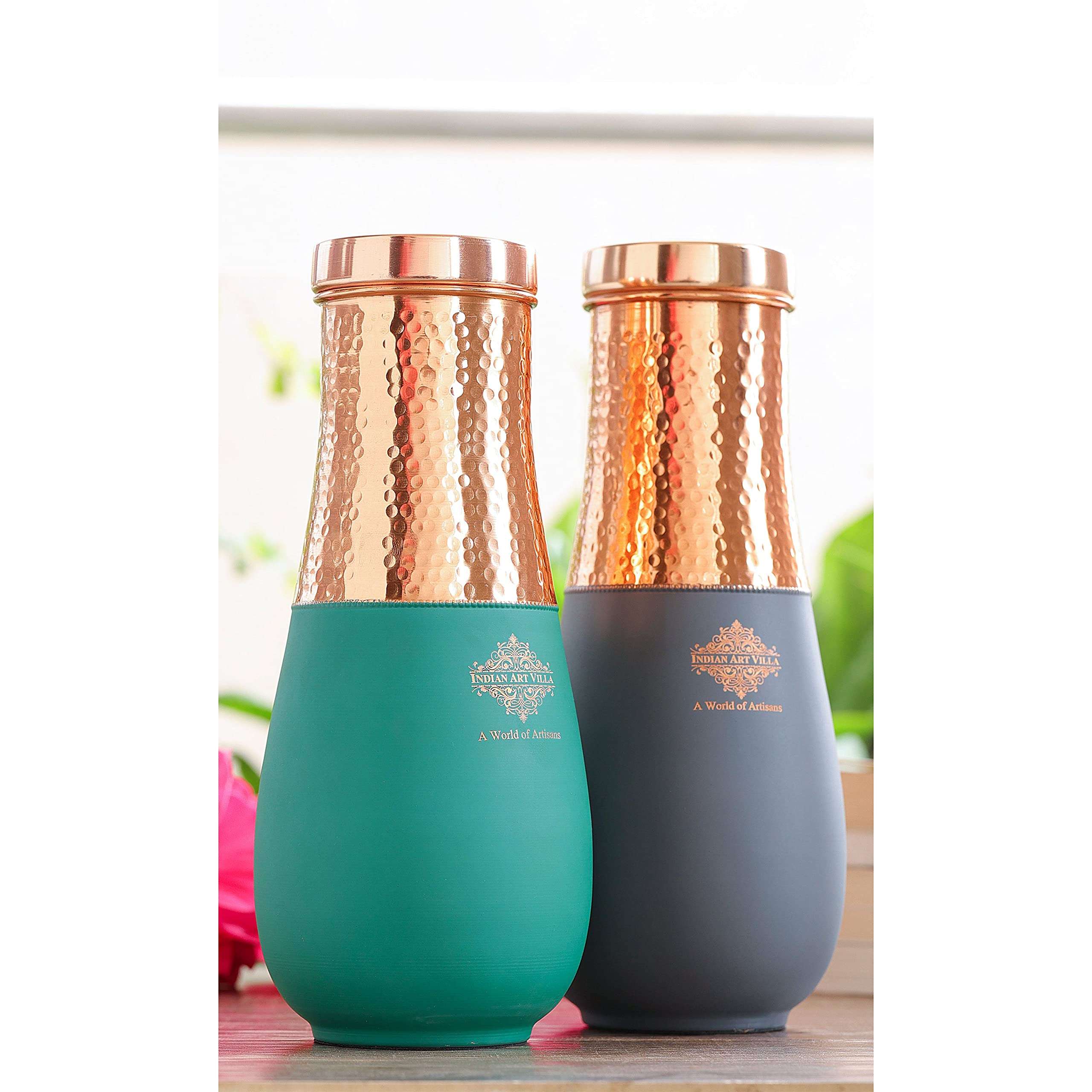 INDIAN ART VILLA Pure Copper Half Hammered and Gray & Green Silk Finish Vase Shape Bedroom Bottle, Volume 1425 ML - Pack of 2 5