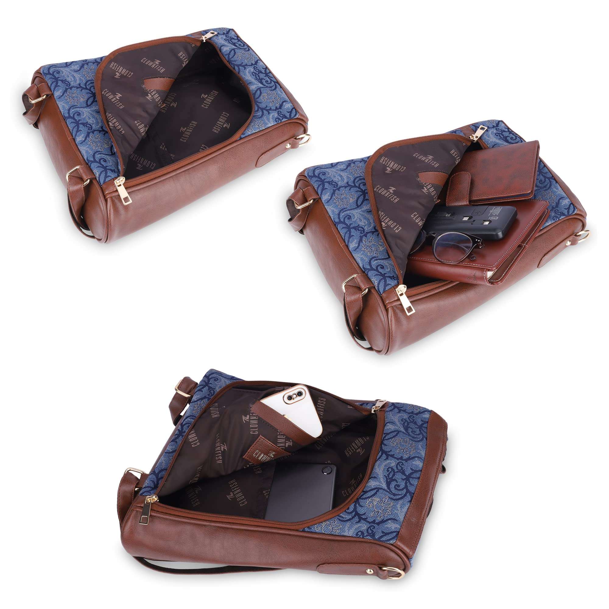 THE CLOWNFISH Akaya Collection Tapestry Fabric & Faux Leather Anti-Theft Back Open Style Womens Standard Backpack Travel Standard Backpack For College Going Girls (Blue-Floral), 10.5 Litre 6