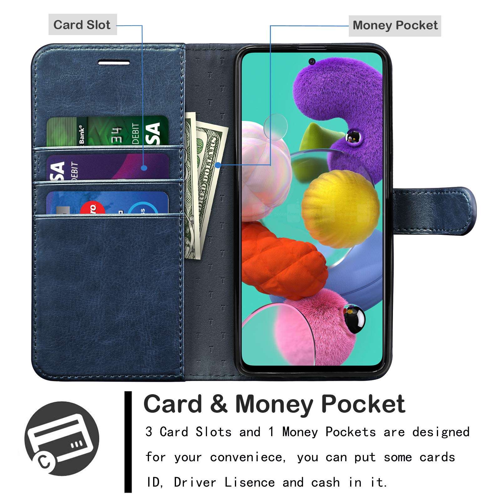 Njjex Samsung Galaxy A71 5G Case, For Galaxy A71 5G Wallet Case, RFID Blocking PU Leather Folio Flip ID Credit Card Slots Holder [Kickstand] Magnetic Closure Phone Cover For Samsung A71 5G [Dark Blue] 2