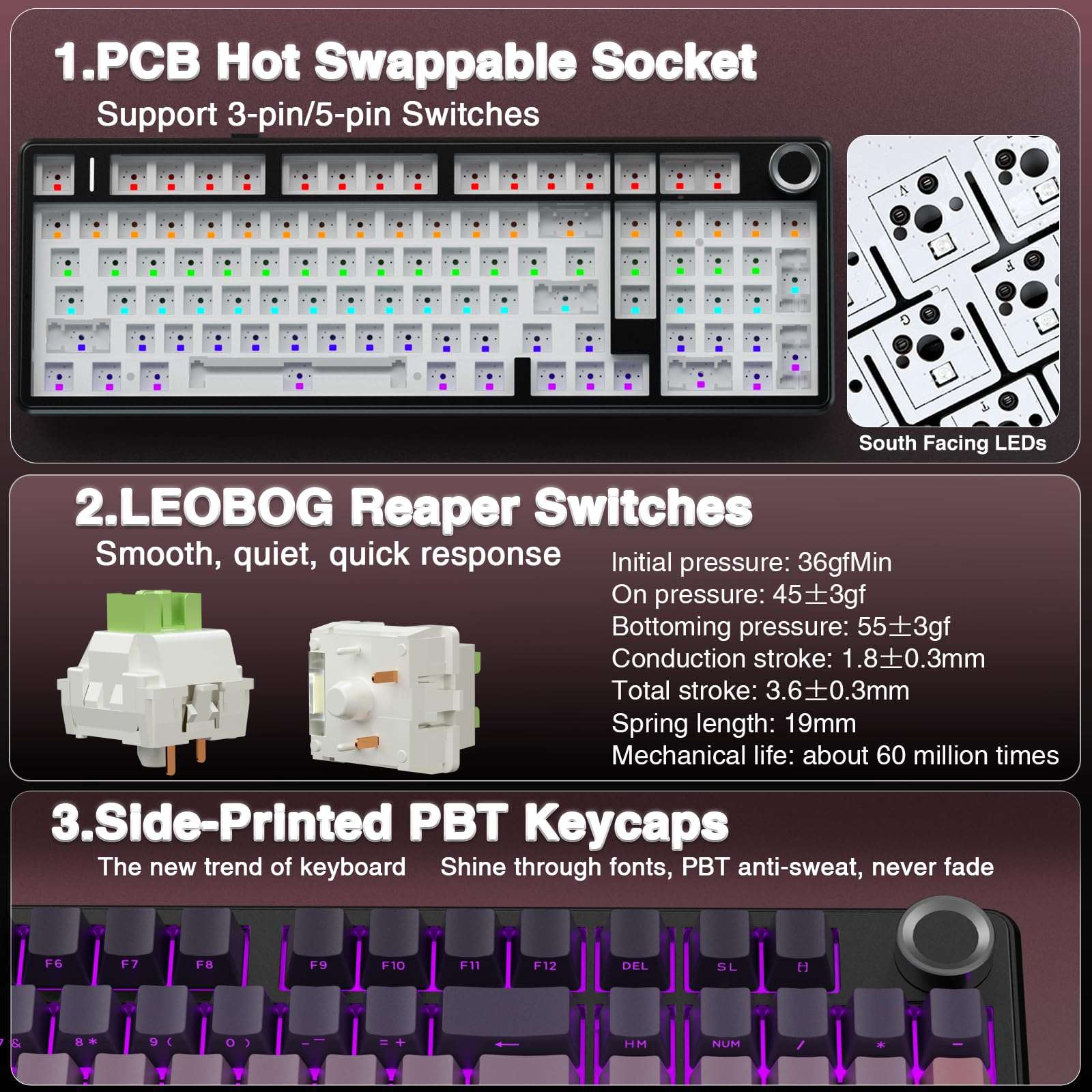 AULA F99 Pro Wireless Mechanical Keyboard with Knob,Tri-Mode BT5.0/USB-C/2.4GHz Hot Swappable Keyboard,Pre-lubed Switches,RGB Backlit Computer Gaming Keyboards 6