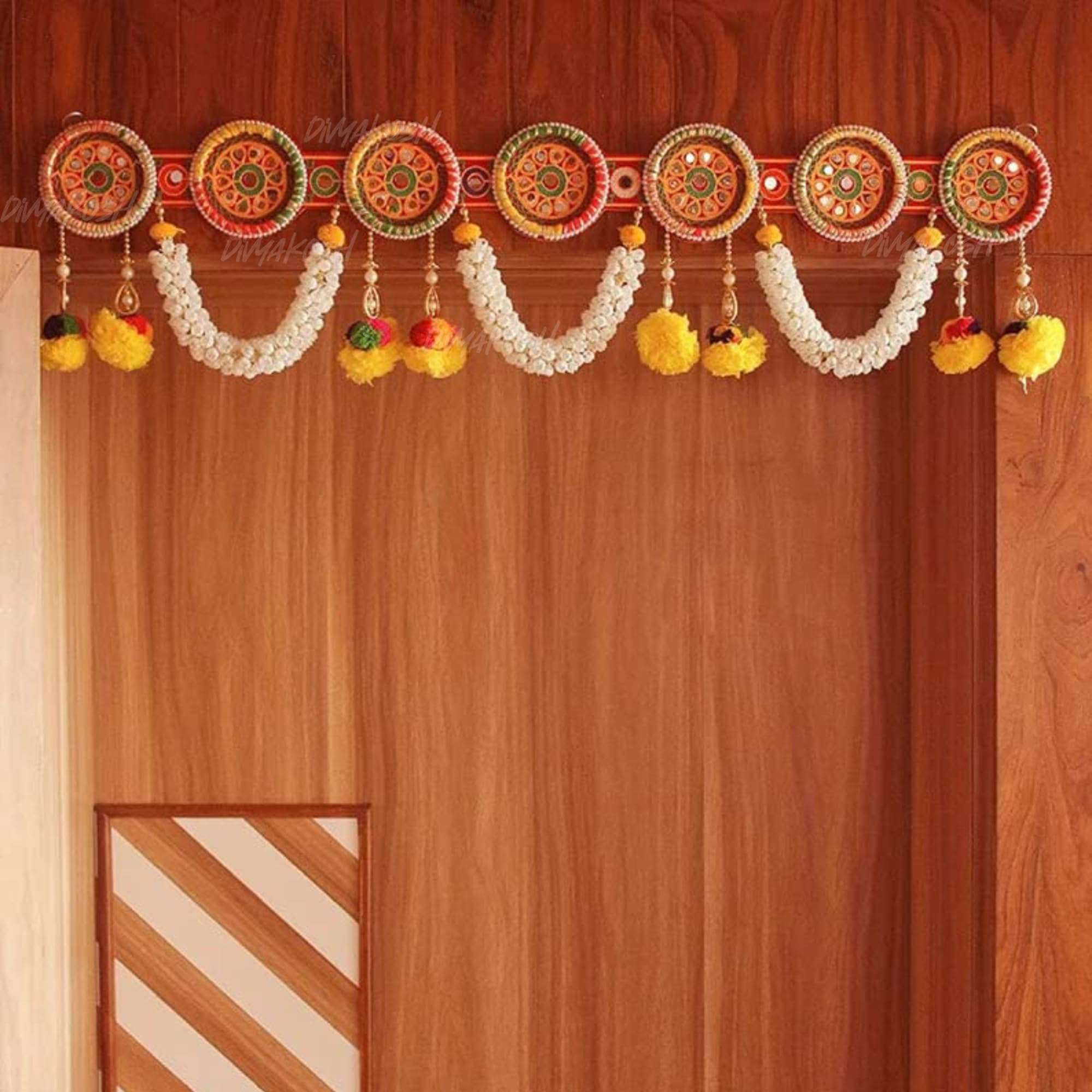 Divyakosh Toran/Bandanwar for Home Decoration and Office, Round Embroidery Work and Pom Pom Mogra Flower Toran Decoration Hanging/Bandarwal/Toran for Door | Size 38 Inch | 1