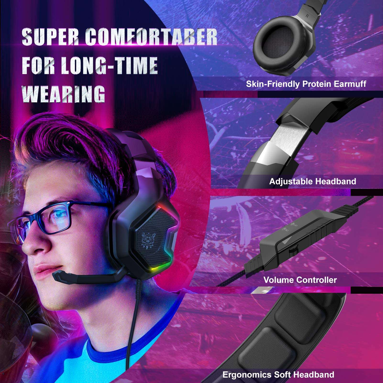 ONIKUMA K10 PRO Wired Gaming Headset with Noise Cancellation, RGB LED Light and 3.5mm Audio Plug, 50MM Driver, Compatible for Mobiles, PC, Laptop, Tablets, PS4, PS5 Xbox Consoles (Black) 6