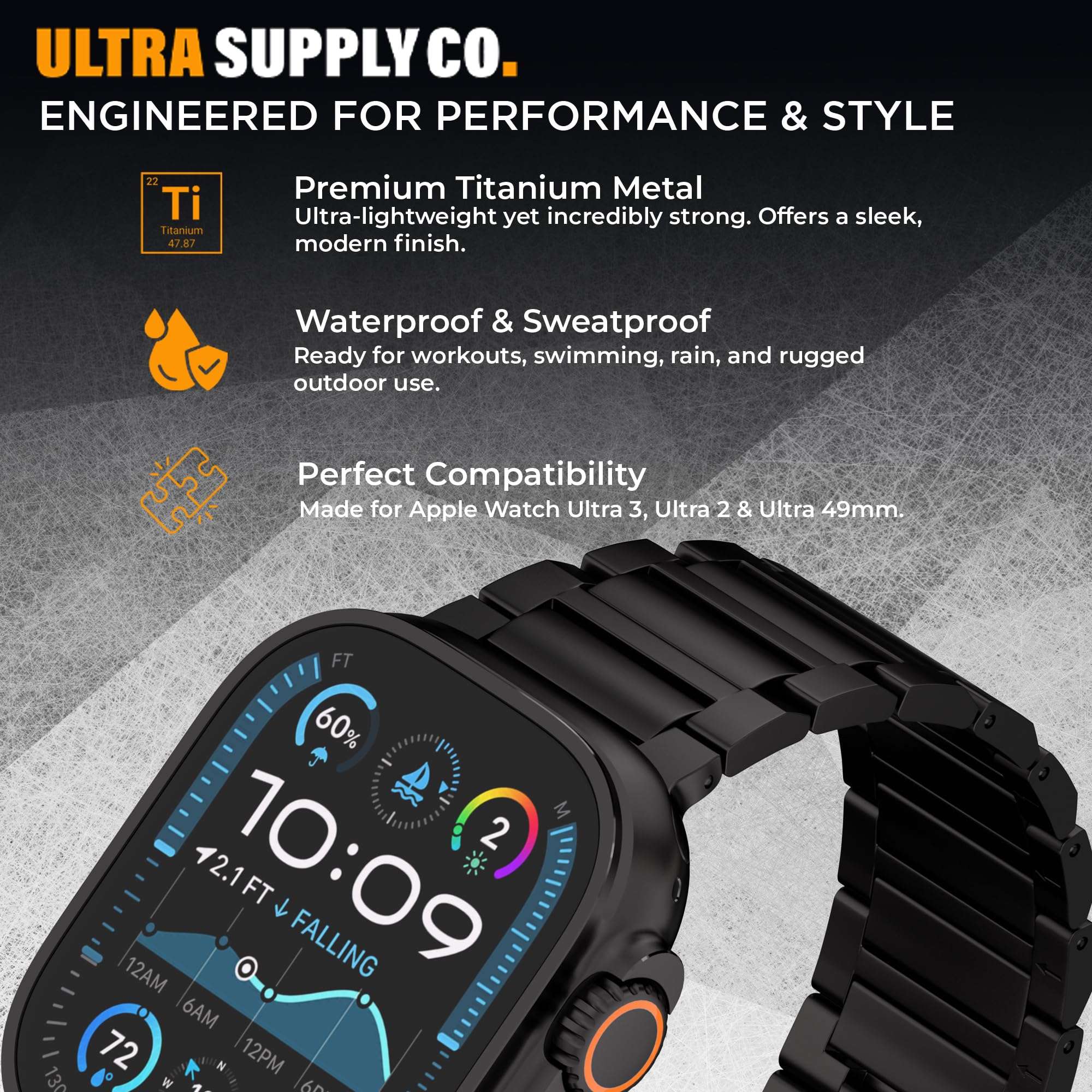 Ultra Supply Co. Titan G4 Titanium Watch Band - Compatible w/Apple Ultra 3, 2, 1 49mm, Series 10 46mm & Older Versions - Metal Strap with Folding Buckle, DLC Coating Scratch-Proof Design - Black 4