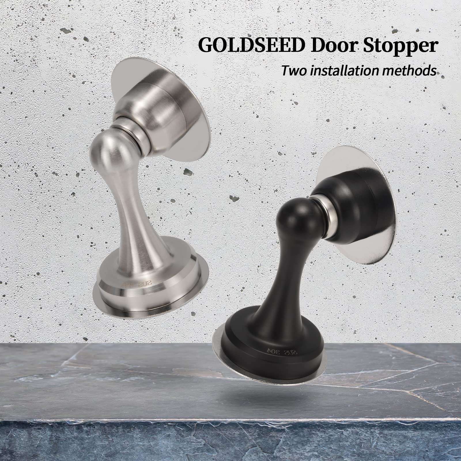 GOLDSEED Door Stopper, 304 Magnetic Door Stopper, Stainless Steel, No Drill Doorstop with 3m Self Adhesive Tape, Screws for Stronger Mount, Hold Door Open, Silver 2