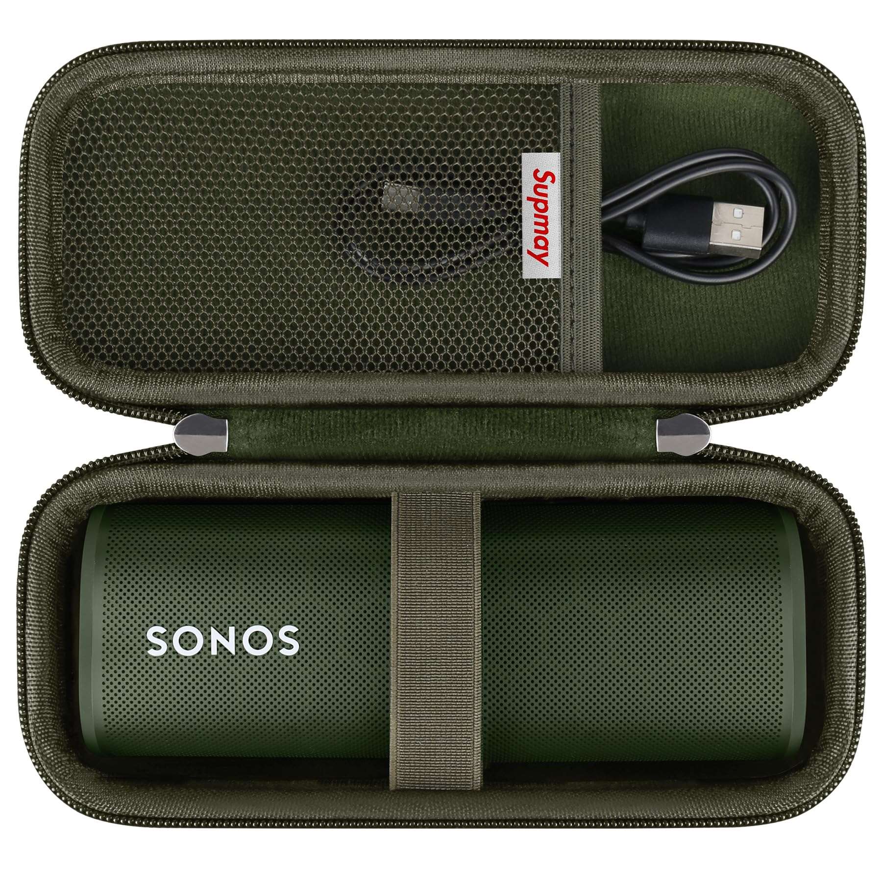 Supmay Hard Carrying Case for Sonos Roam 2/ Sonos Roam Portable Waterproof Bluetooth Speaker, Wireless Portable Speaker Protection Case with Mesh Pocket for USB-C Cable, Green 1