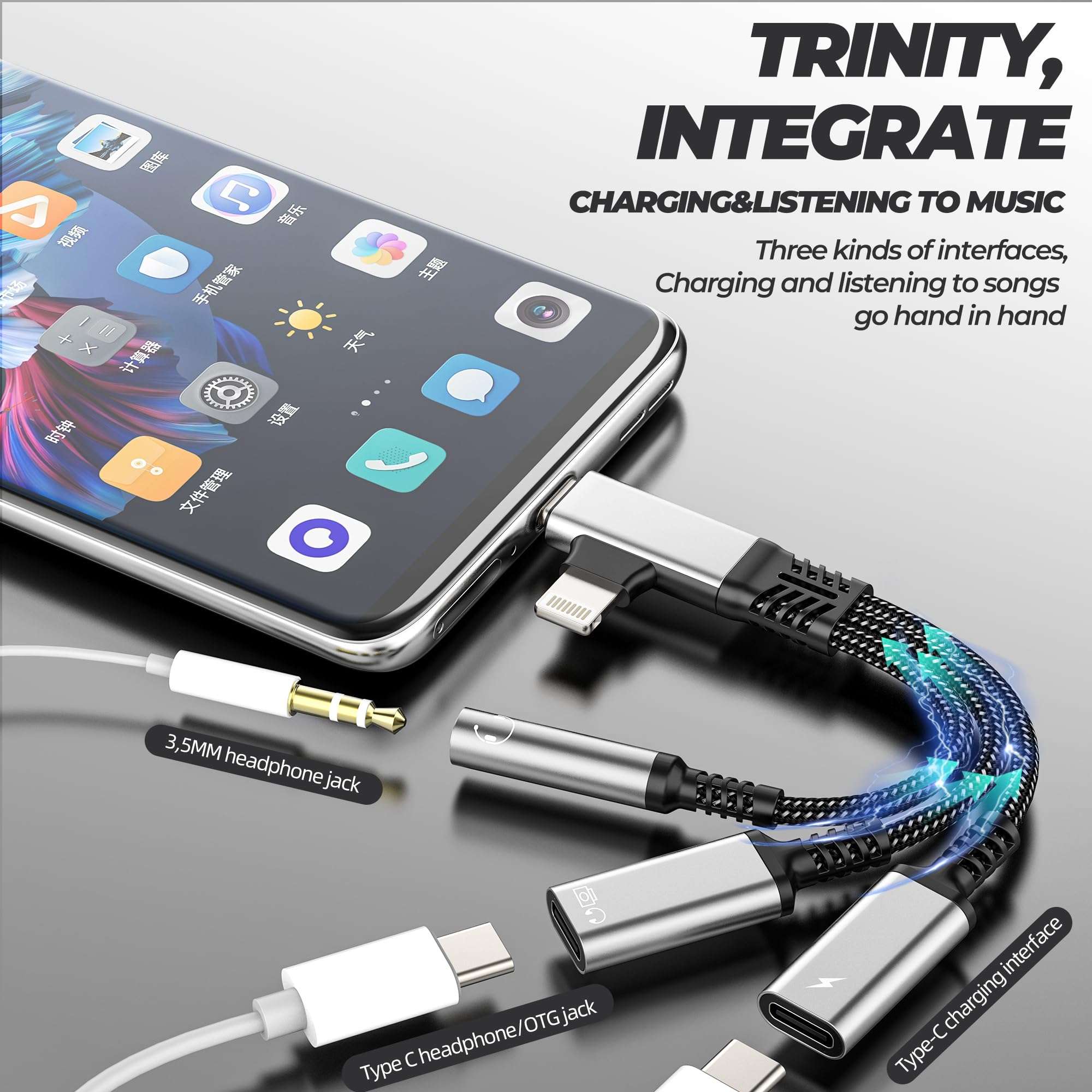 Lightning USB C Splitter(3in2) Type C OTG Data Headphone 3.5mm Audio Jack Adapter for iPhone 17 16 15 14 Aux Dongle Charger for IPad Dual Charging Car Lighting Dac Ear Compatible for Samsung 3