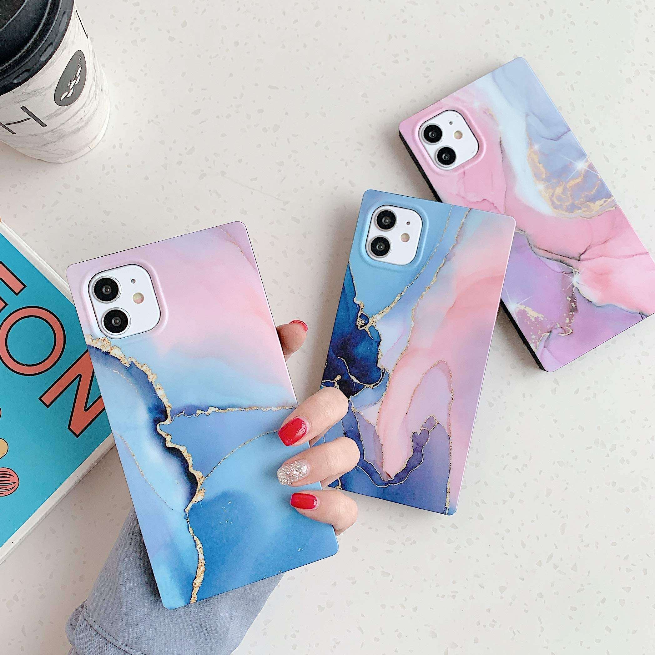 YTanazing Square for iPhone 11 Marble Case for Women,Blue Pink Marble Pattern Soft TPU Slim Matte Case Protective Cute Case Blue Cover Design for iPhone 11-6.1 inch 4