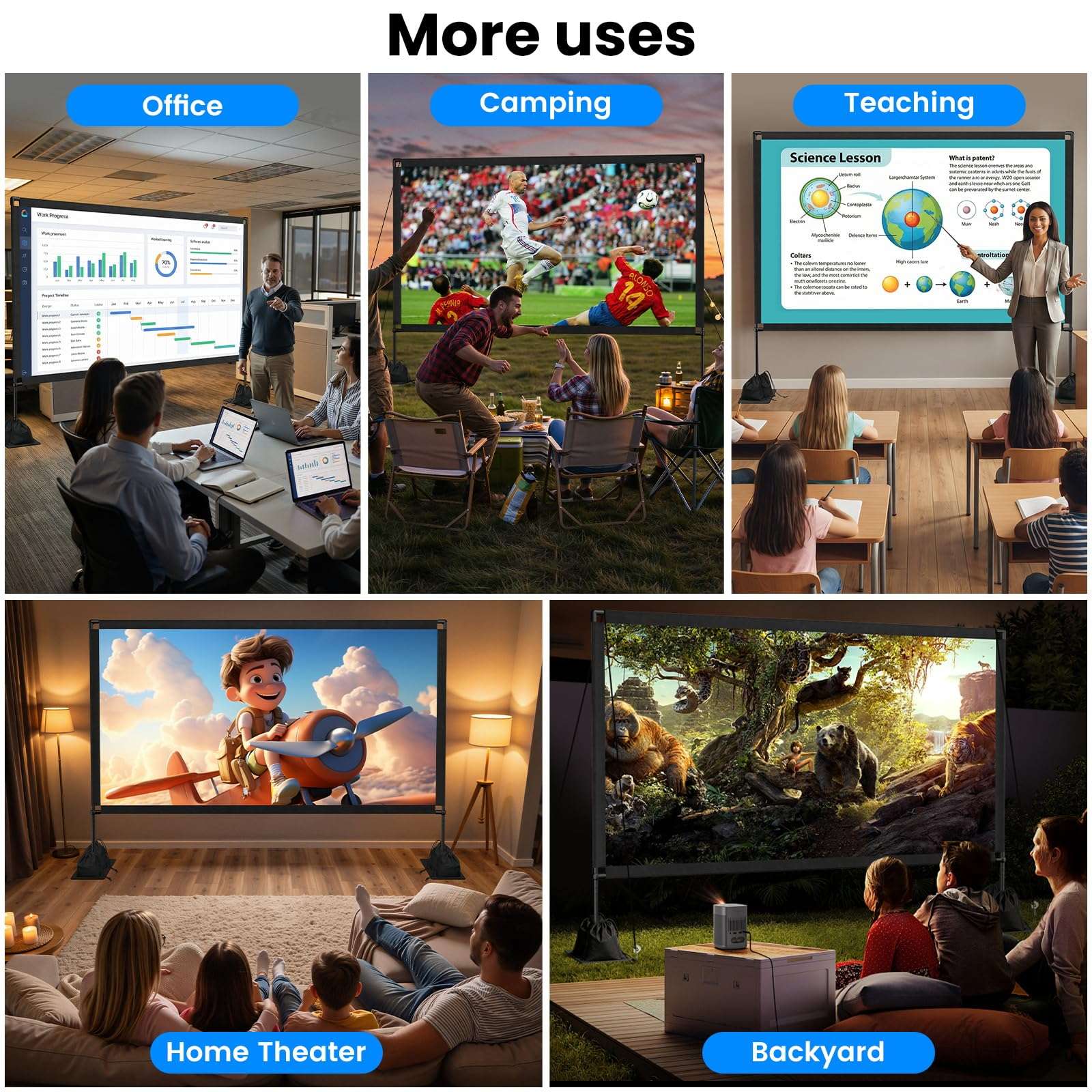 120inch Outdoor Projector Screen with Stand: 16:9 4K HD Portable Projector Screen Outdoor Indoor - Front/Rear Movie Screen with Carry Bag, Sandbag - Projection Screen for Backyard, Camping, Theater 6