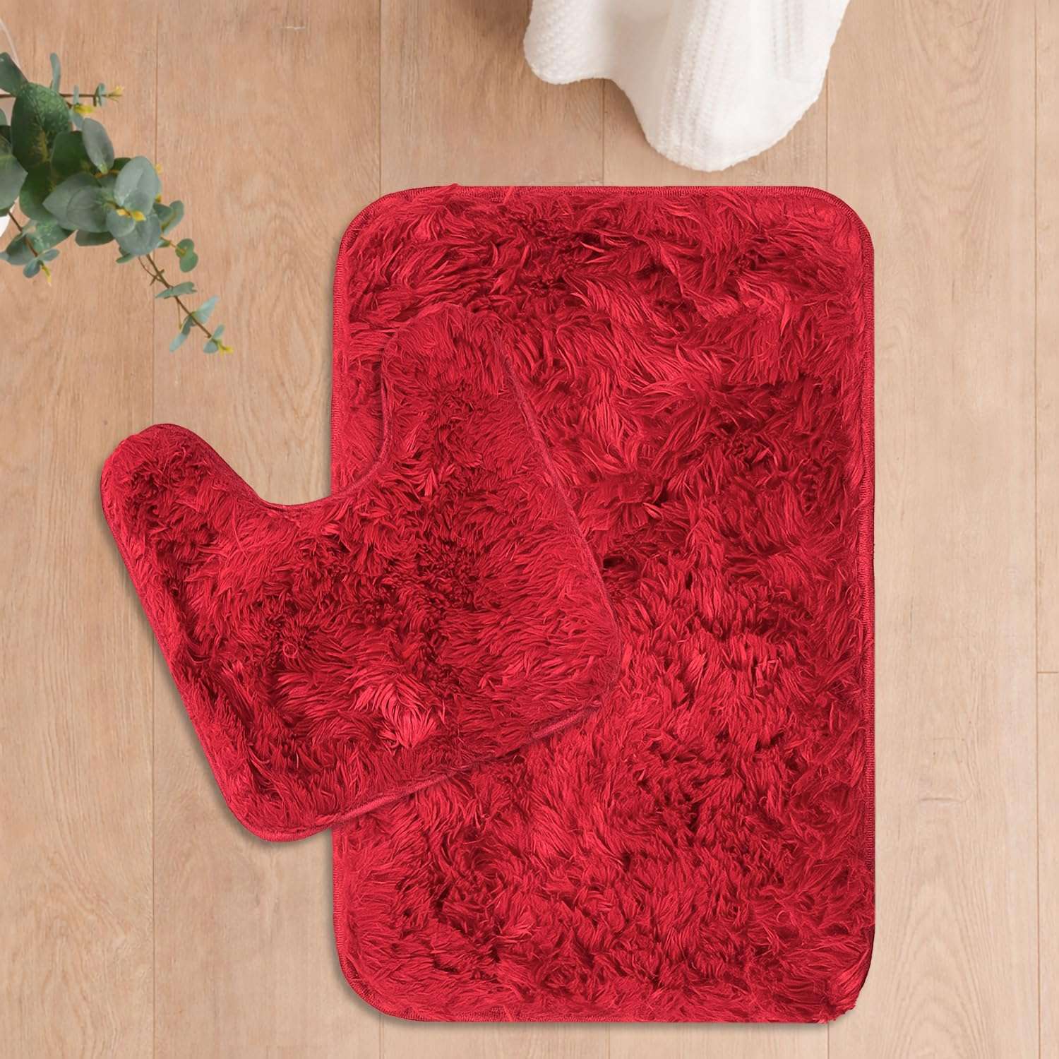 LUXE HOME INTERNATIONAL Marino Fur Contour Bath Mat – Washable, Anti Skid, Water Absorbent Contour Mats for Bathroom, Toilet, Wash Basin & Bathroom Contour Mat Set of 2(Maroon 40x60 cm & 40x45) 1