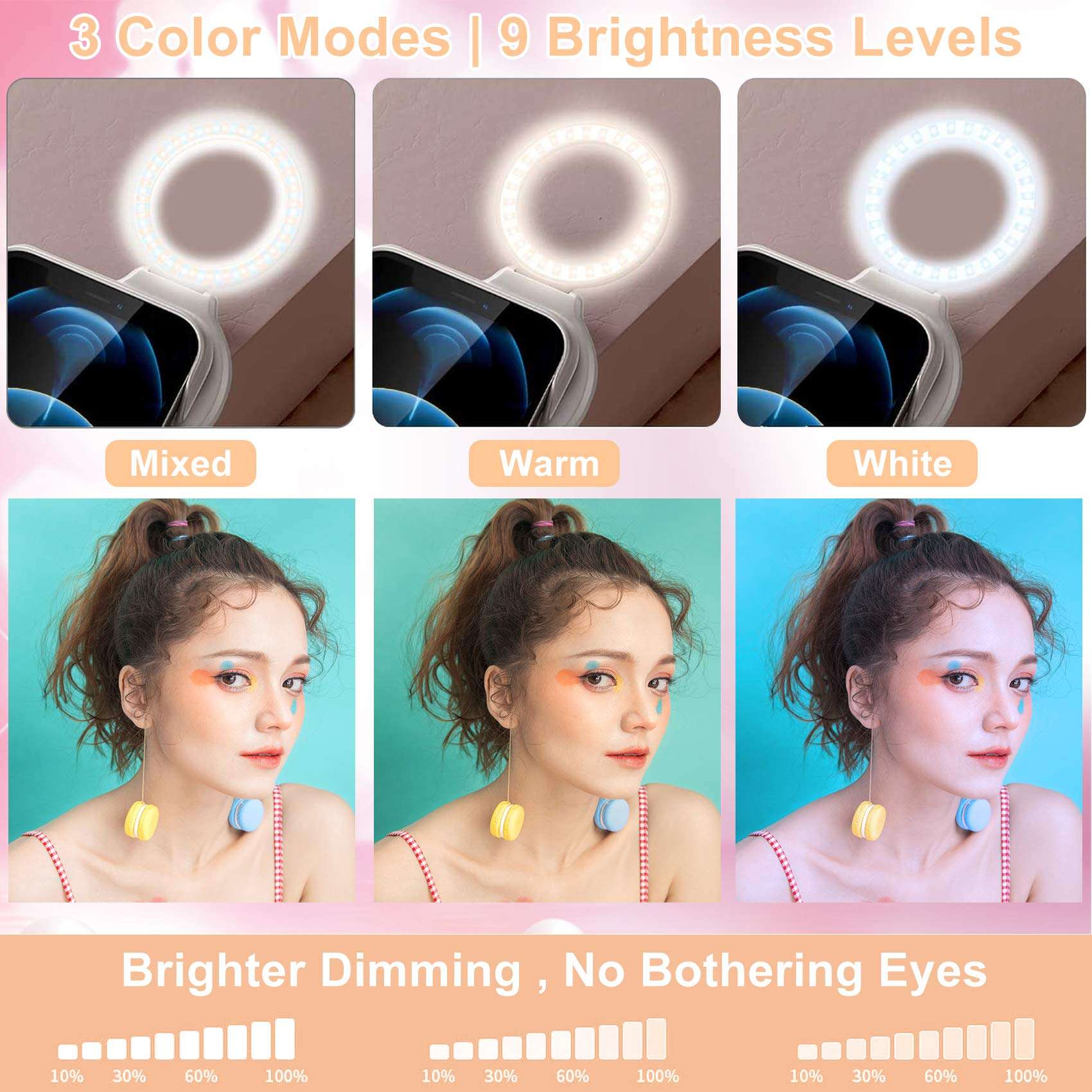 INOCTI Phone Case Built-in Selfie Ring Light for iPhone 12 Pro, LED Illuminated Selfie [Rechargeable] Luminous Flashlight Cellphone Case Cover for iPhone 12-3 Lighting Modes White 4