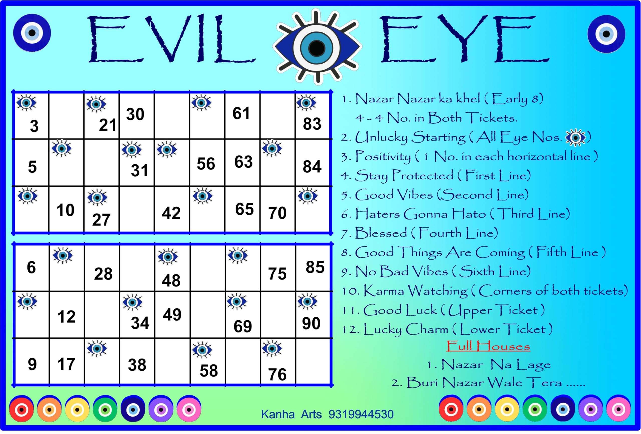 Kanha Arts Evil Eye Theme Tambola Ticket & Birthday Party Tambola Housie Durable Hard Card Sheet Material for Interactive Learning & Play 3