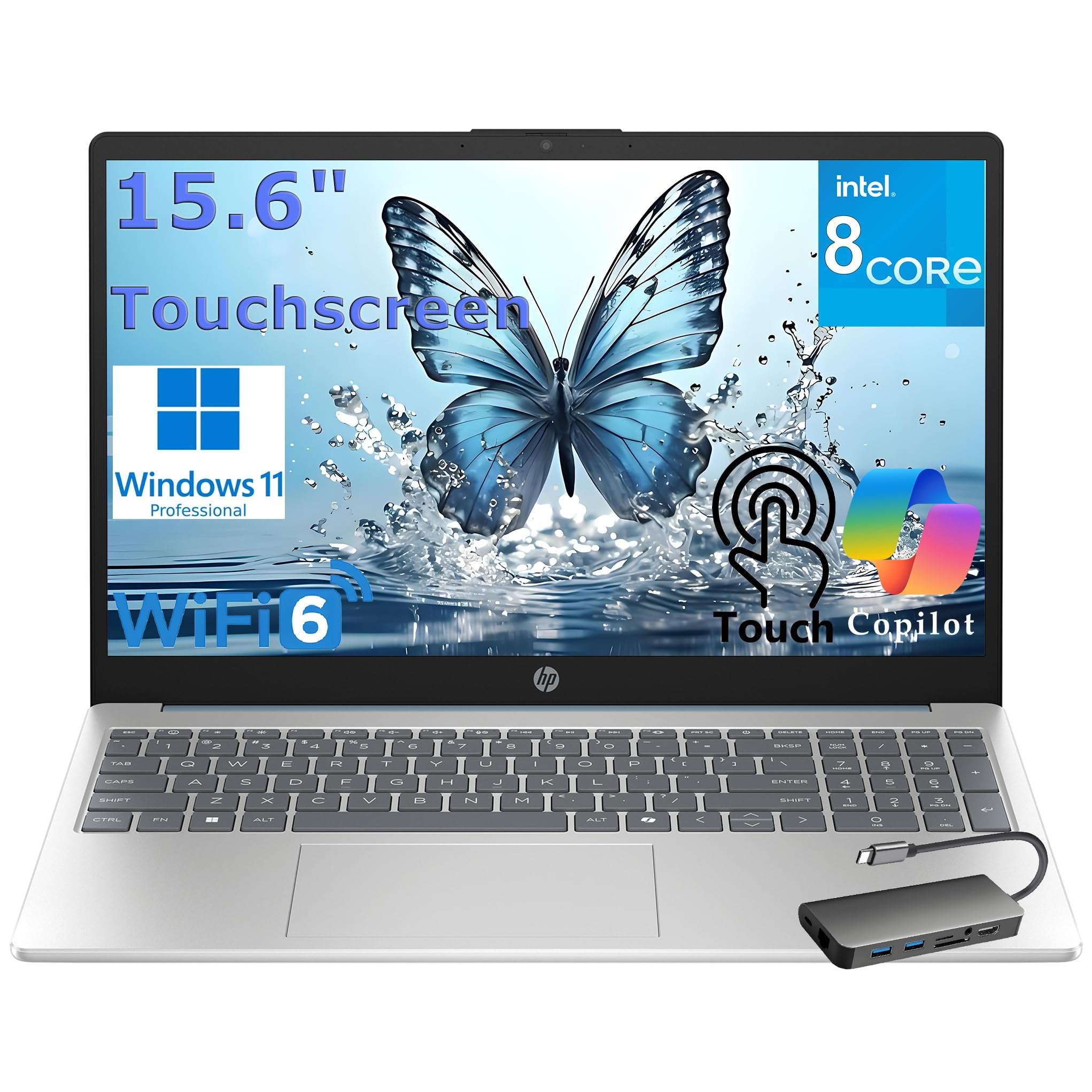 HP 15.6 inch Touchscreen Laptop Computer for Business & Home Student, Intel 8-Core Processor, 8GB DDR4 RAM, 1TB PCIe SSD, WiFi 6, BT 5.4, FHD, Copilot Key, Moonlight Blue, Windows 11 Pro, Type-C HUB 1