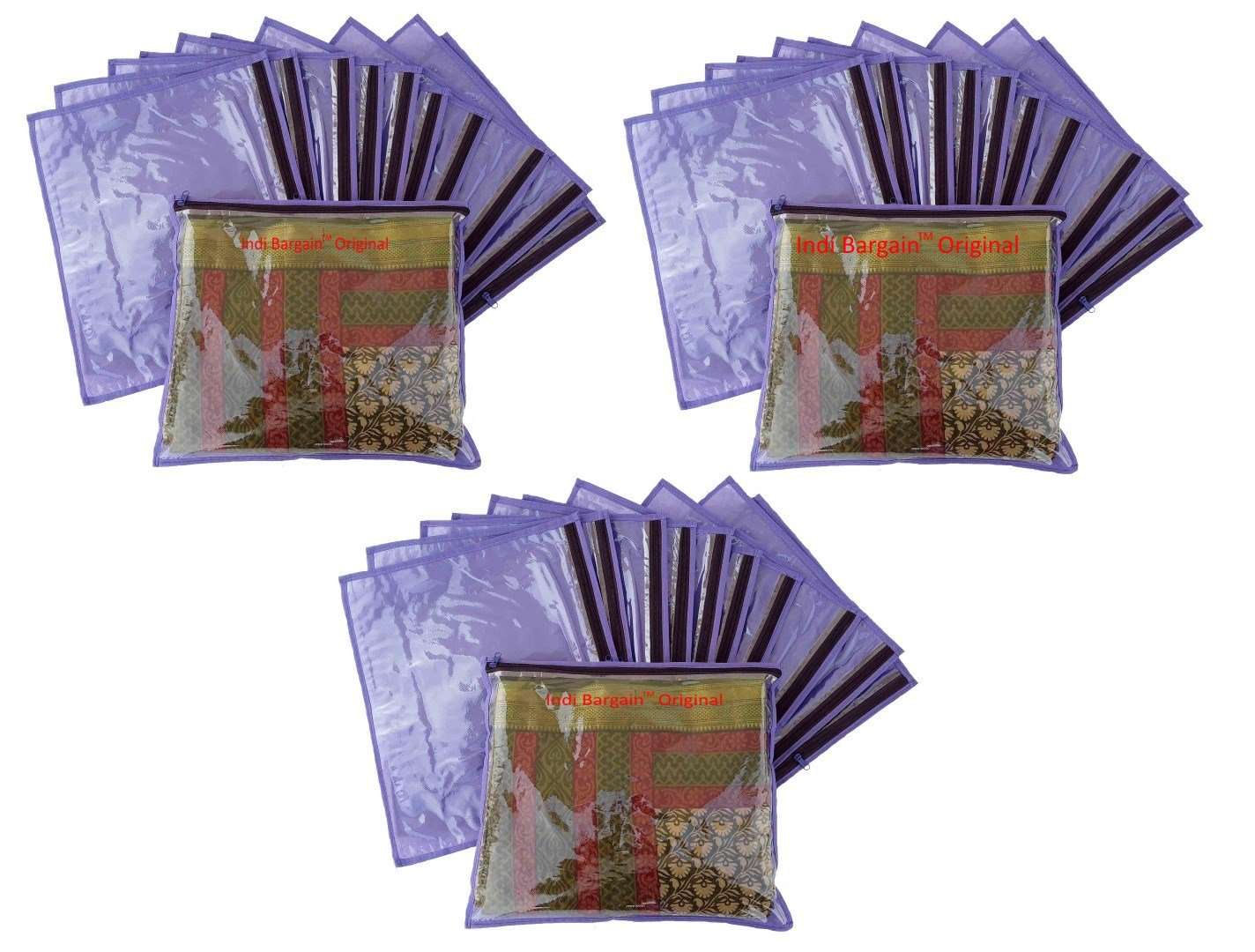 Indi Bargain Saree Cover Set in Non Woven Front Transparent, Wardrobe Organiser, Regular Clothes Bag (45x36 cm, Purple - Set of 30)