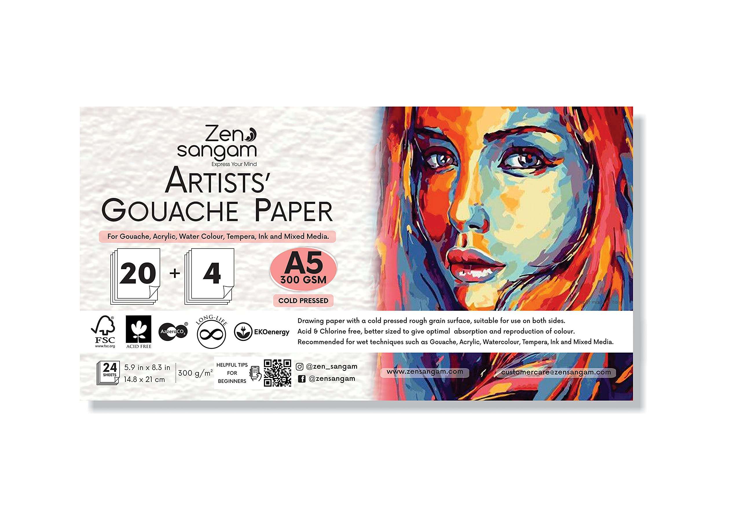 Zen Sangam Express your Mind 300 GSM Cold Pressed Rough Grain Surface, Acid Free, A5 Size Gouache Papers Sheets (21x14.8cm, 24 Sheets) 1