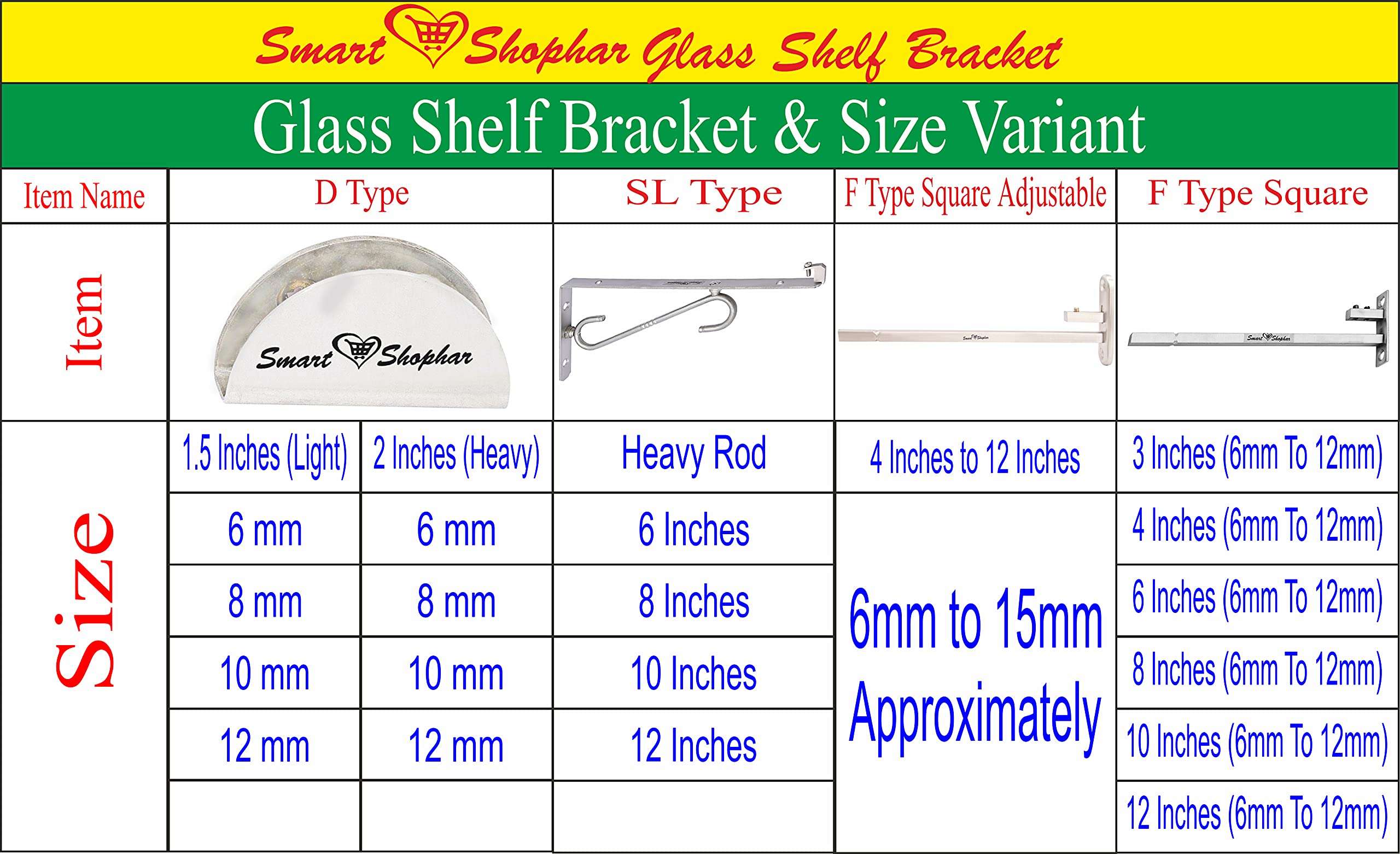 Smart Shophar Stainless Steel F Type Square Glass Shelf Bracket 12 Inches 12 MM Silver, Pack of 2 Sets / Sleek and Functional / Ideal for Showrooms or Retail Spaces / Mounting Hardware 6