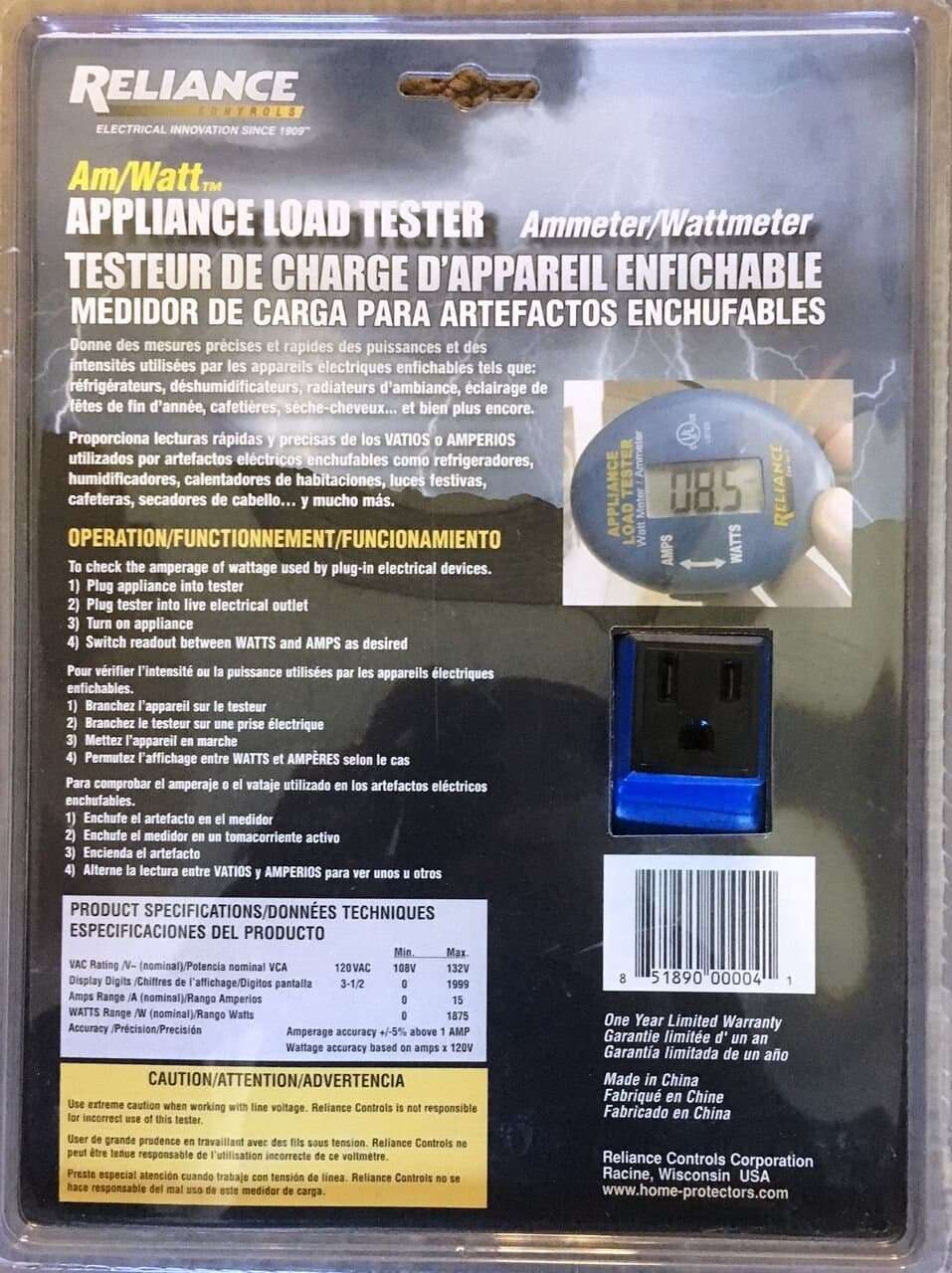 Reliance Controls Ammeter and Wattmeter THP103 AmWatt Appliance Load Tester/Plug, 1-Pack, Blue 6