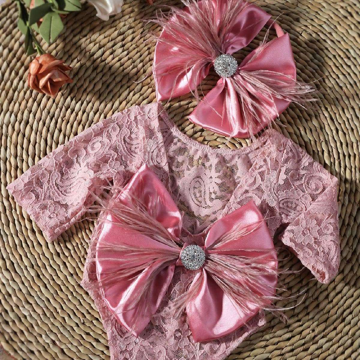 Newborn Photography Props, Infant Girl Photoshoot Lace Romper & Bow Headband Outfit, Cute Baby Photo Props for Newborns (Dusty Pink) 4