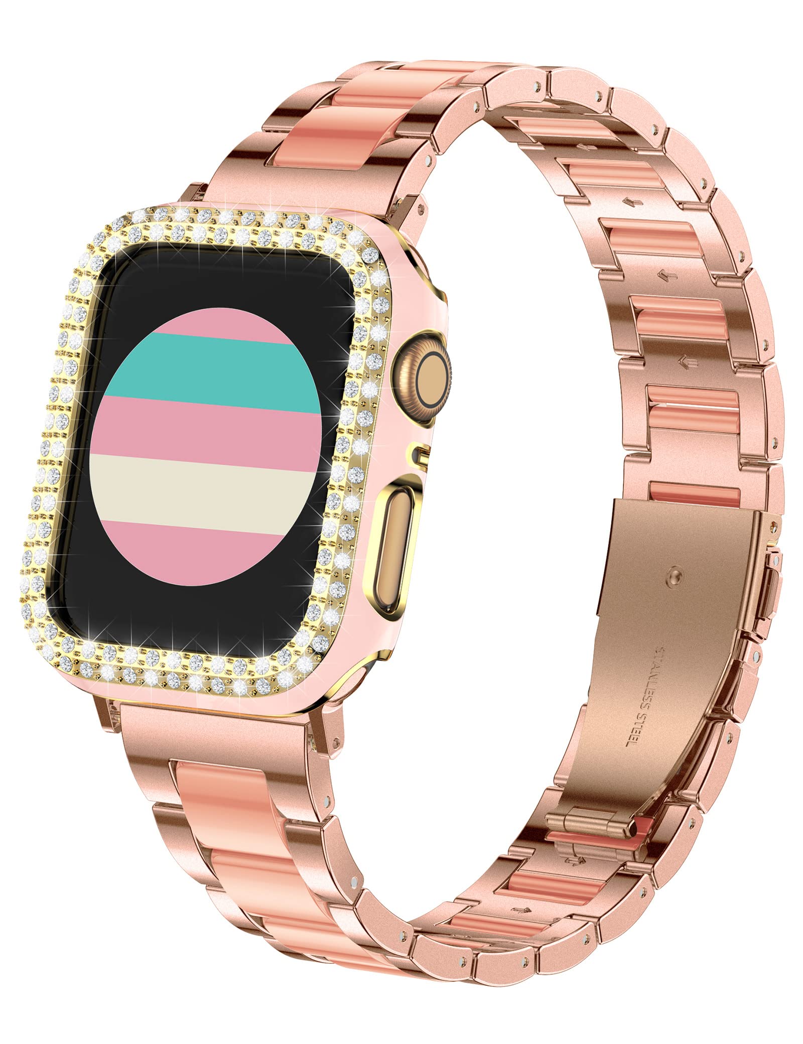 Wearlizer Compatible with Apple Watch Band 44mm/45mm with Case Upgraded Resin Metal Band Stainless Steel Buckle with Bling Crystal Rhinestone Cover for iWatch Series SE/7/6/5/4(Gold+Gold)