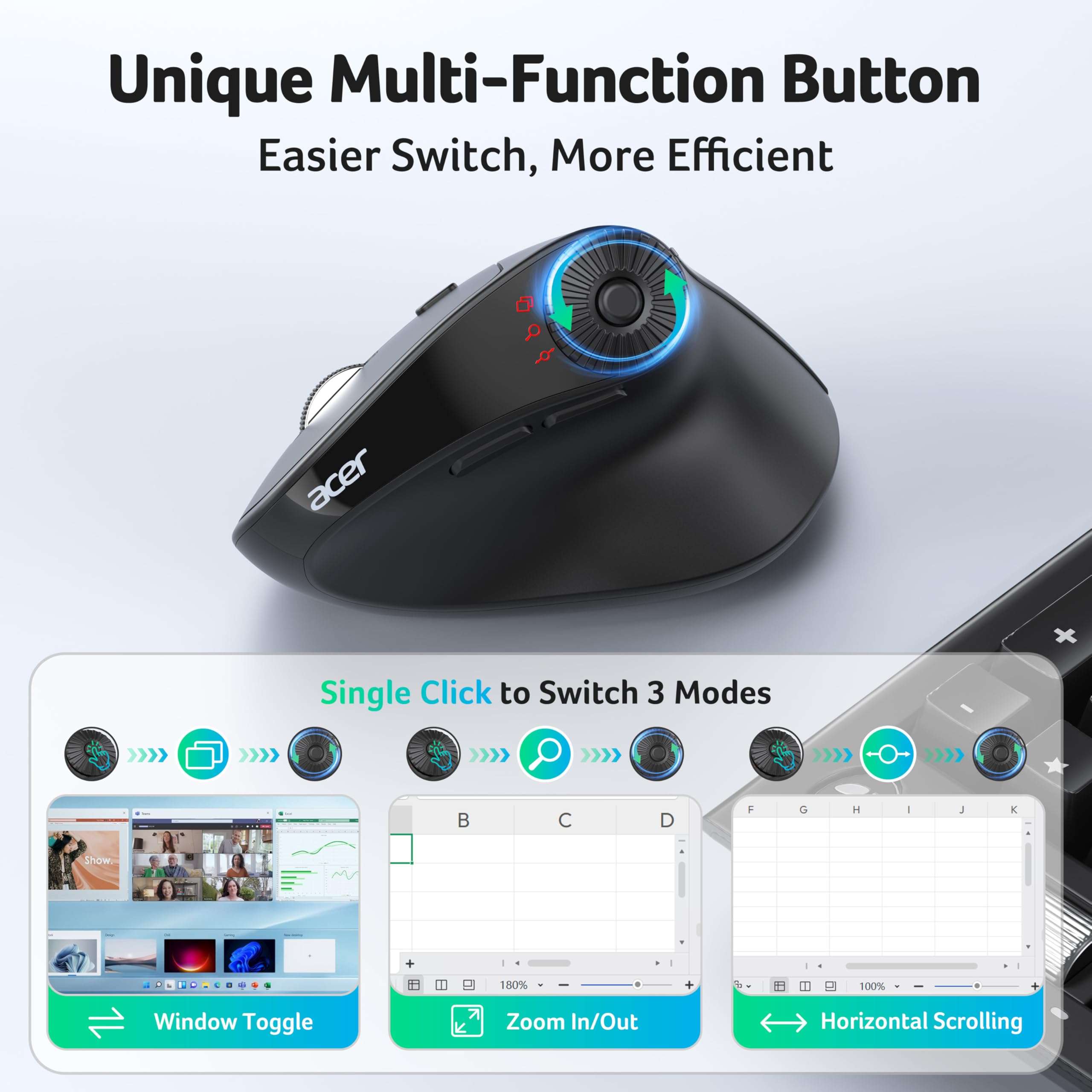 acer Ergonomic Mouse Wireless with Side Scroll Wheel, Bluetooth Mouse for Laptop(BT5.2+2.4GHz), Office Vertical Computer Mice, Small to Medium Sized Hands Ergo Mice, 8 Buttons for PC and Desktop 5