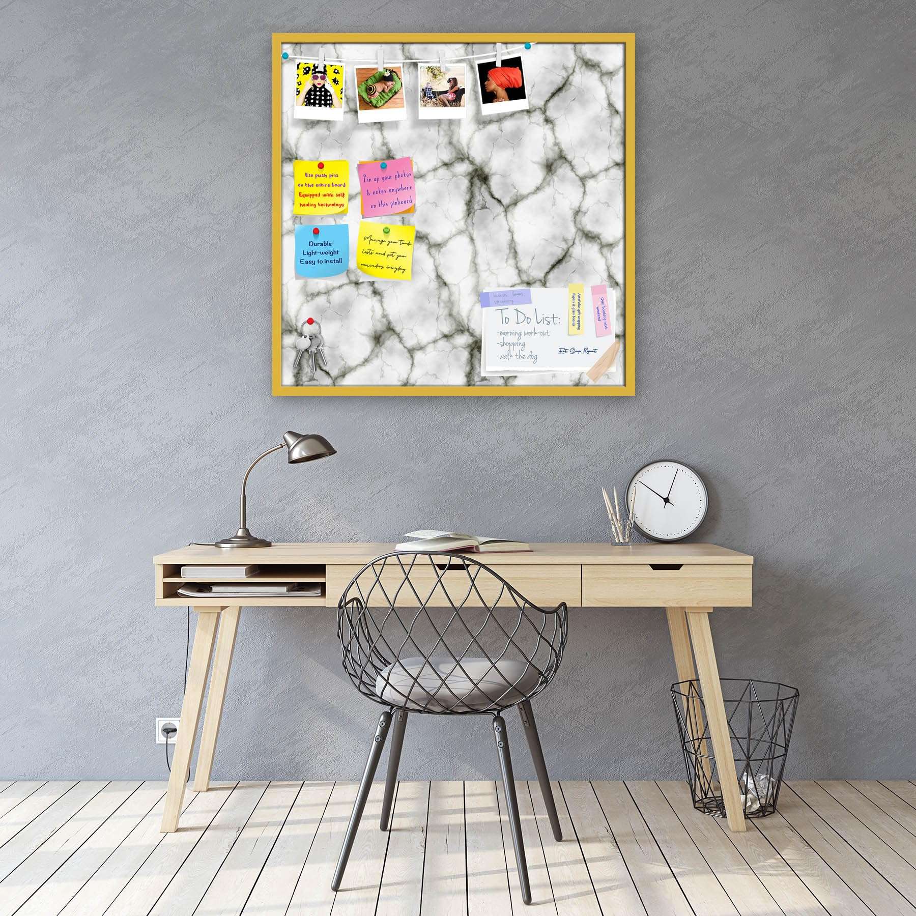 ArtzFolio Abstract Marble Art D3 | Bulletin Board Notice Pin Board | Vision Soft Board Combo with Thumb Push Pins & Sticky Notes | Golden Frame | 12 x 12 inch (30 x 30 cms) 2