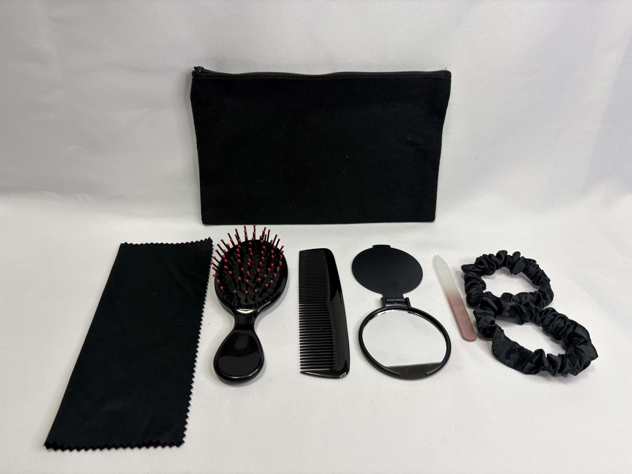 Purse Essentials Kit for Women – 8 Piece Travel Hair & Grooming Set with Compact Mirror, Mini Brush, Comb, Nail File, Scrunchies & Cosmetic Pouch 4