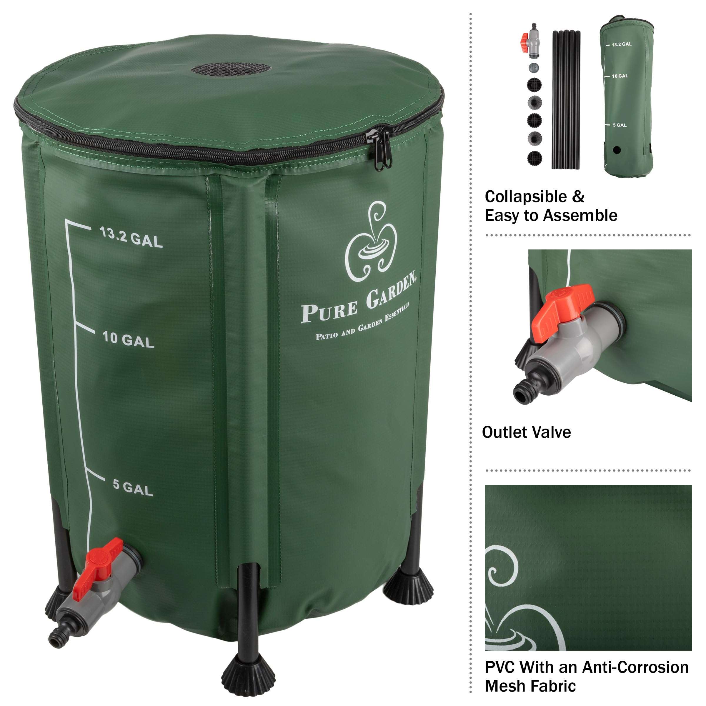 Pure Garden Rain Barrel - 13.2-Gallon/50-Liter Collapsible Water Container for Catching Rainwater - Portable Water Tank with Outflow Valve (Green) 4