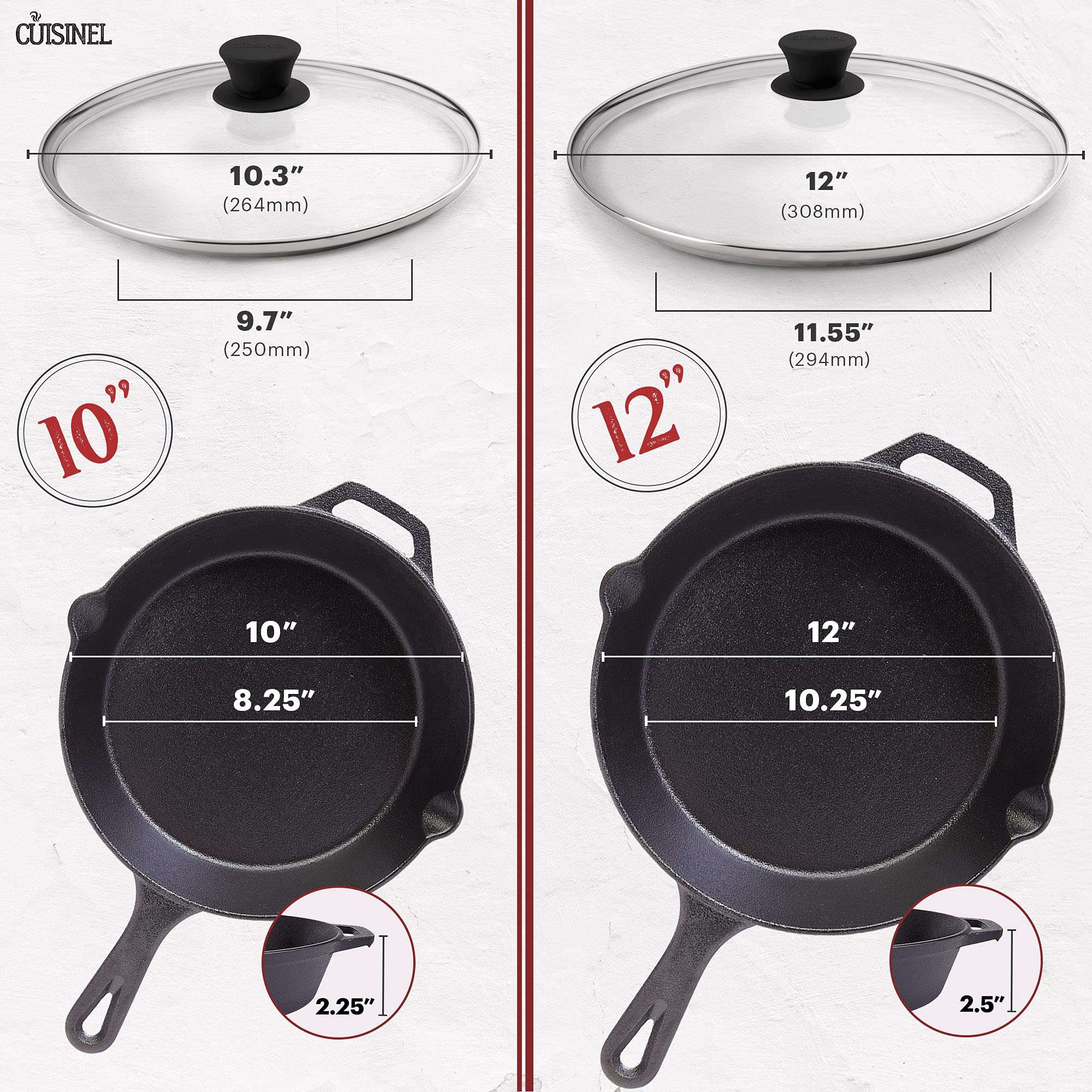 Cuisinel Cast Iron Skillets Set - 6"+8"+10+12"-Inch + Glass Lids + Silicone Handle Holder Cover Grips - Pre-Seasoned Frying Pan - Oven Cookware - Use Indoor/Outdoor, Grill, Stovetop, Fire 6