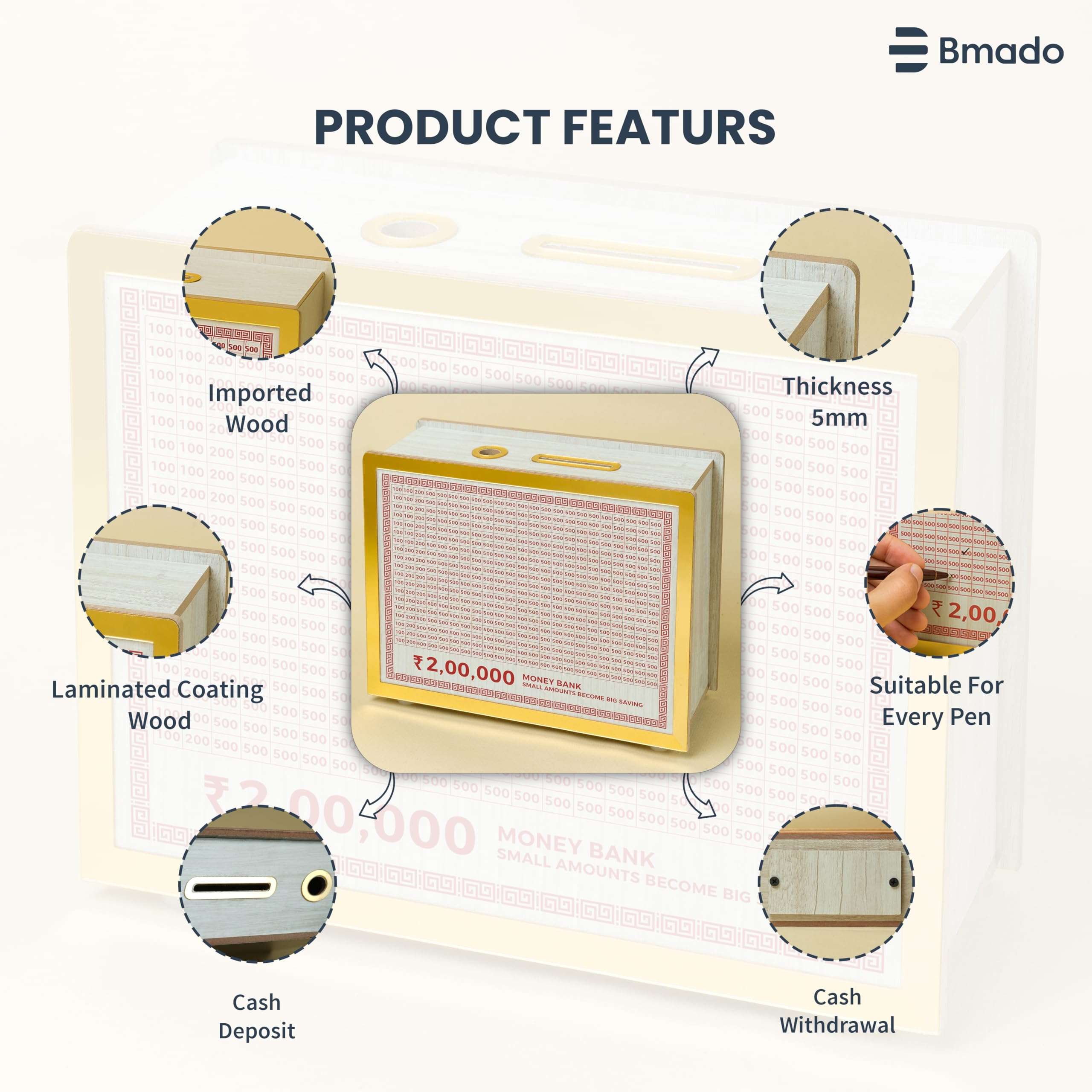 Bmado Wooden Money Bank | Laminated Secure Saver Box | Secure Your Money from Mold | Writable with Any Pen | 2 Lakh Savings Piggy Bank for Kids & Adults 5