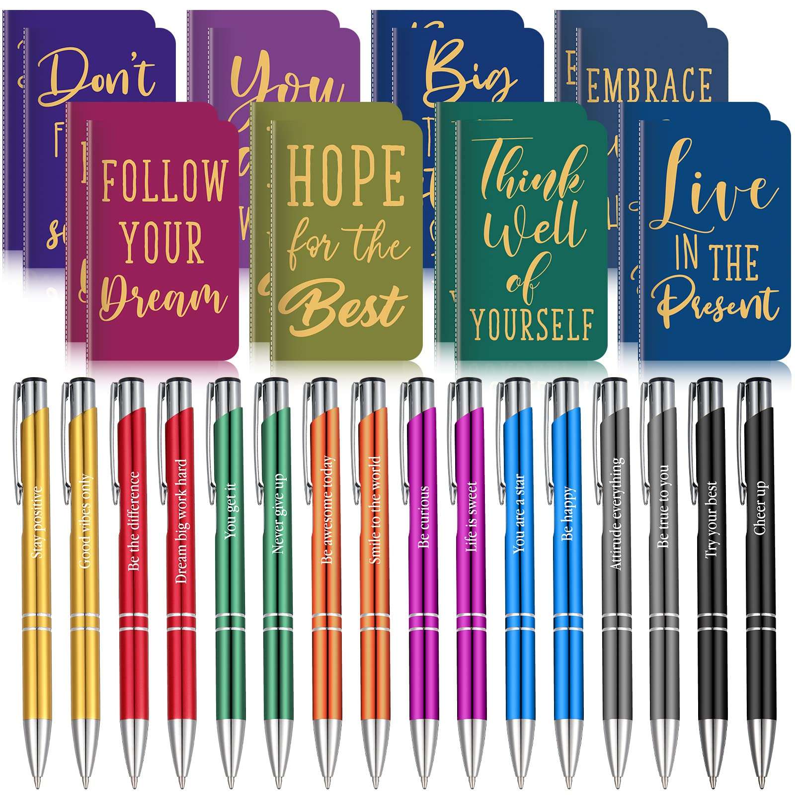 Funrous 32 Pcs Motivational Quote Pens Inspirational Notepads Mini Journal with Ballpoint Pen Small Notebooks Gift Set for Men Women Coworkers, Adult Party Favors Prizes Gift Bulk(Simple)