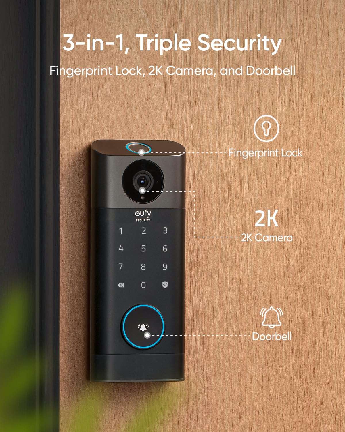 eufy Video Smart Lock S330, 3-in-1 Camera+Doorbell+Fingerprint Keyless Entry Door Lock, Smart Wi-Fi Deadbolt for Front Door, App Remote Control, No Monthly Fee, SD Card Required, Chime Included 2