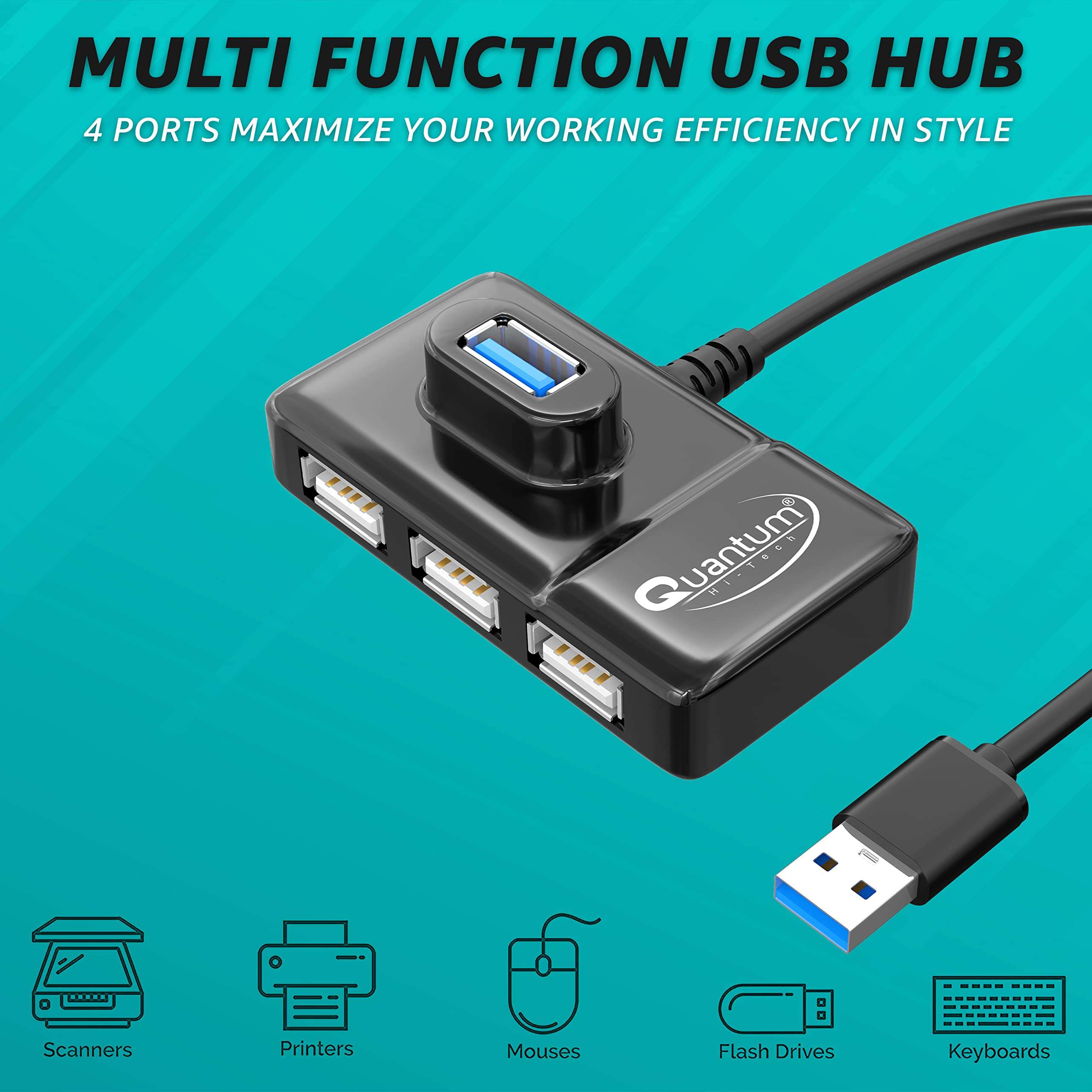 Quantum 4 Port USB Hub (1 Port 3.0 & 3 Port 2.0) with High Speed Data Transfer, Plug Play Usage, Compatible with Laptop, PC and Other USB-A Devices, QHM7532 (Black) 4