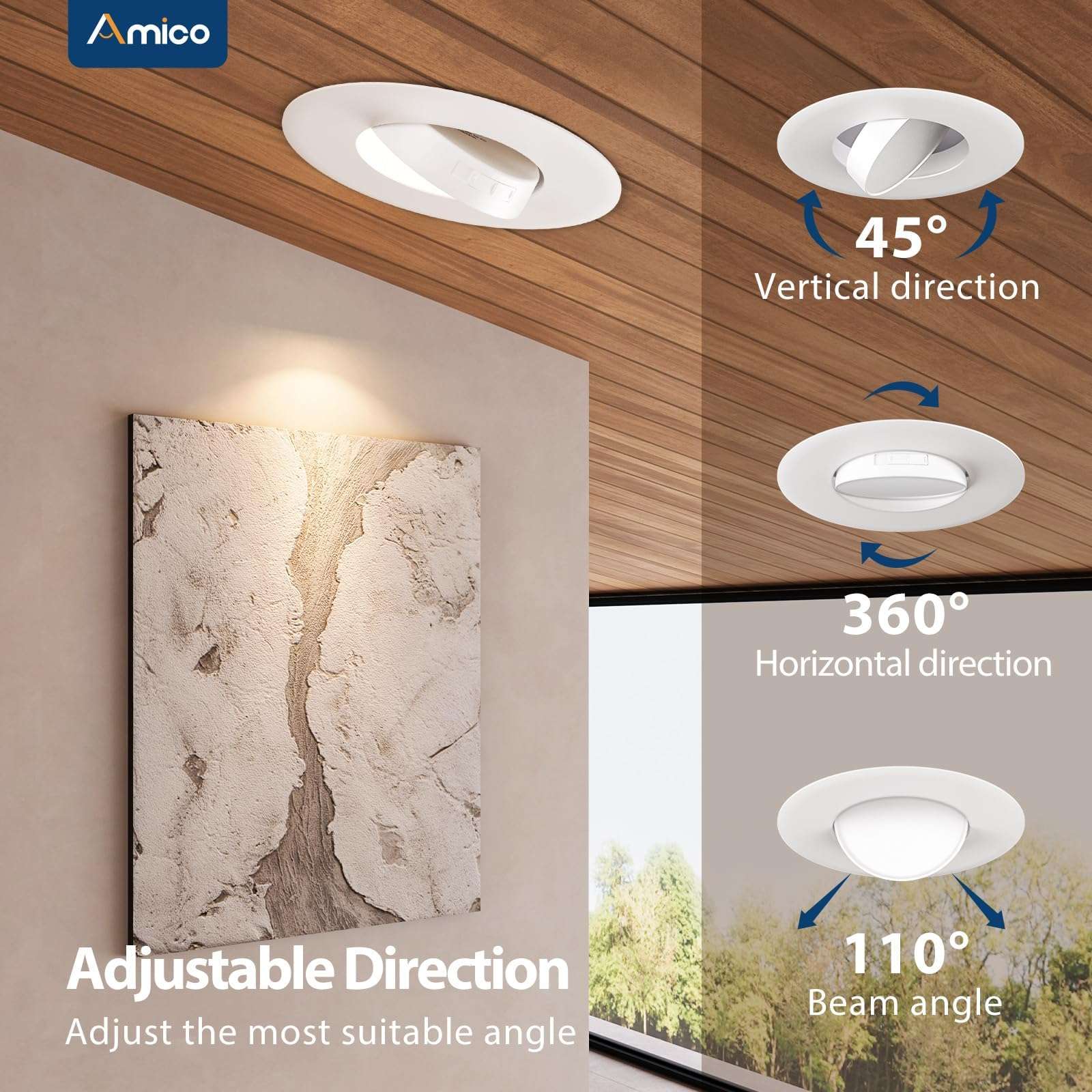 Amico 4 Pack 6 Inch Retrofit Eyeball Gimbal Can Lights, Adjustable Eyeball Directional 5CCT LED Recessed Lights, Dimmable, 2700K/3000K/3500K/4000K/5000K Selectable, 7W 650LM, ETL&FCC 3