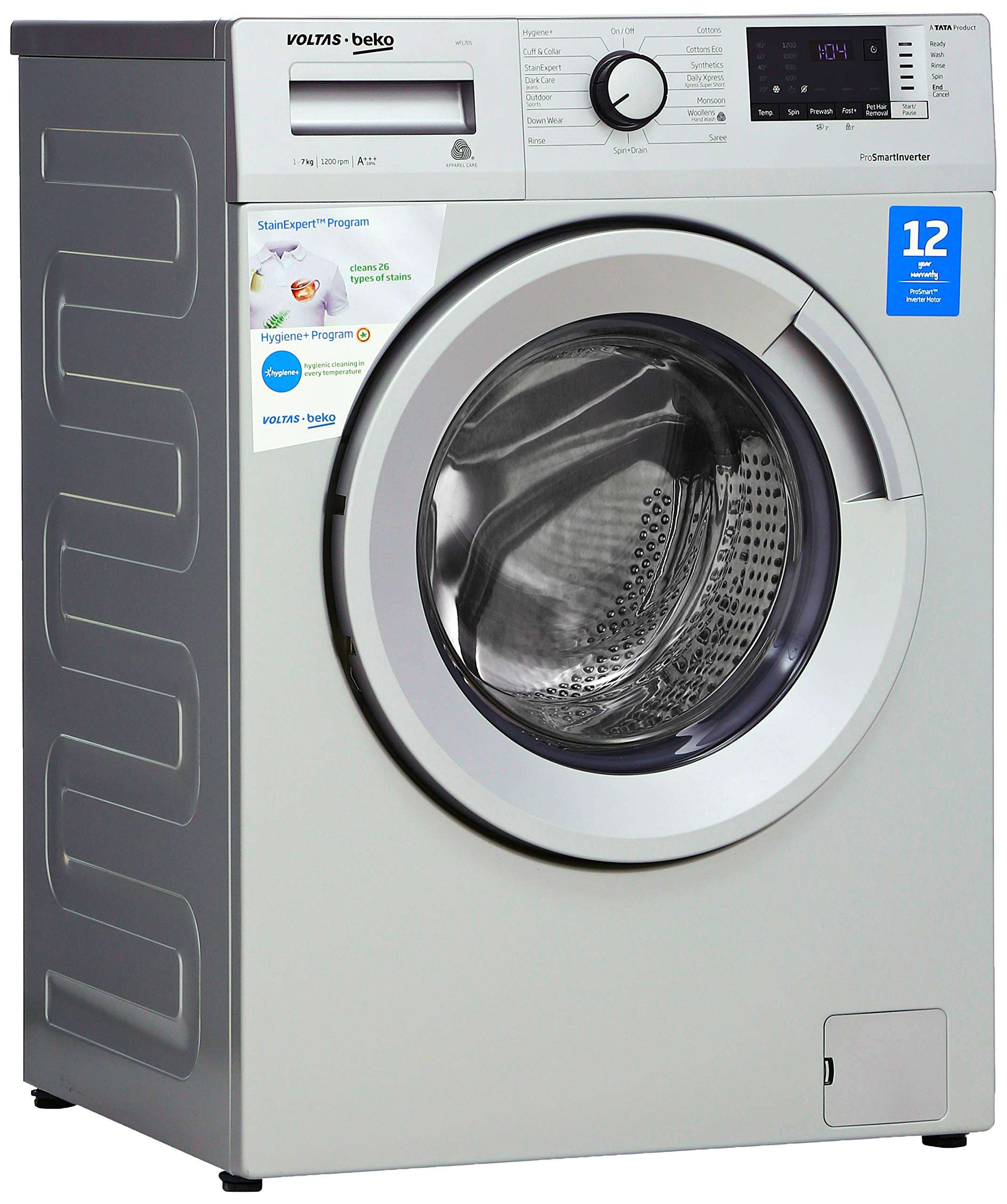 Voltas Beko 7 Kg Inverter Fully-Automatic Front Loading Washing Machine, Inbuilt Heater, 26 Stain Remover (WFL70S, Silver) 2