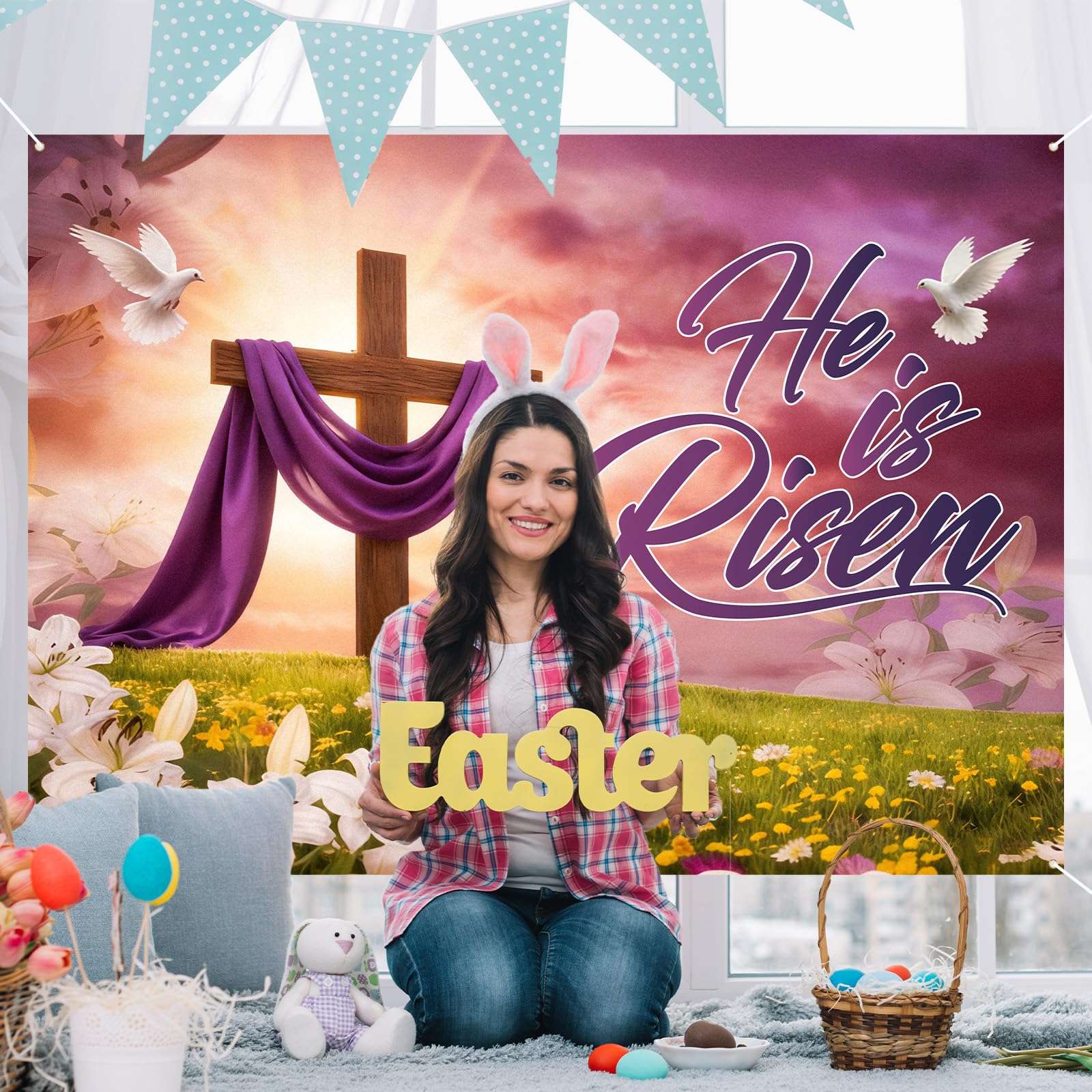 7x5ft Easter Backdrop He is Risen - Christian Religious Photography Background for Church, Sunday School, Easter Photo Booth Decor with Cross, Lilies and Dove 6