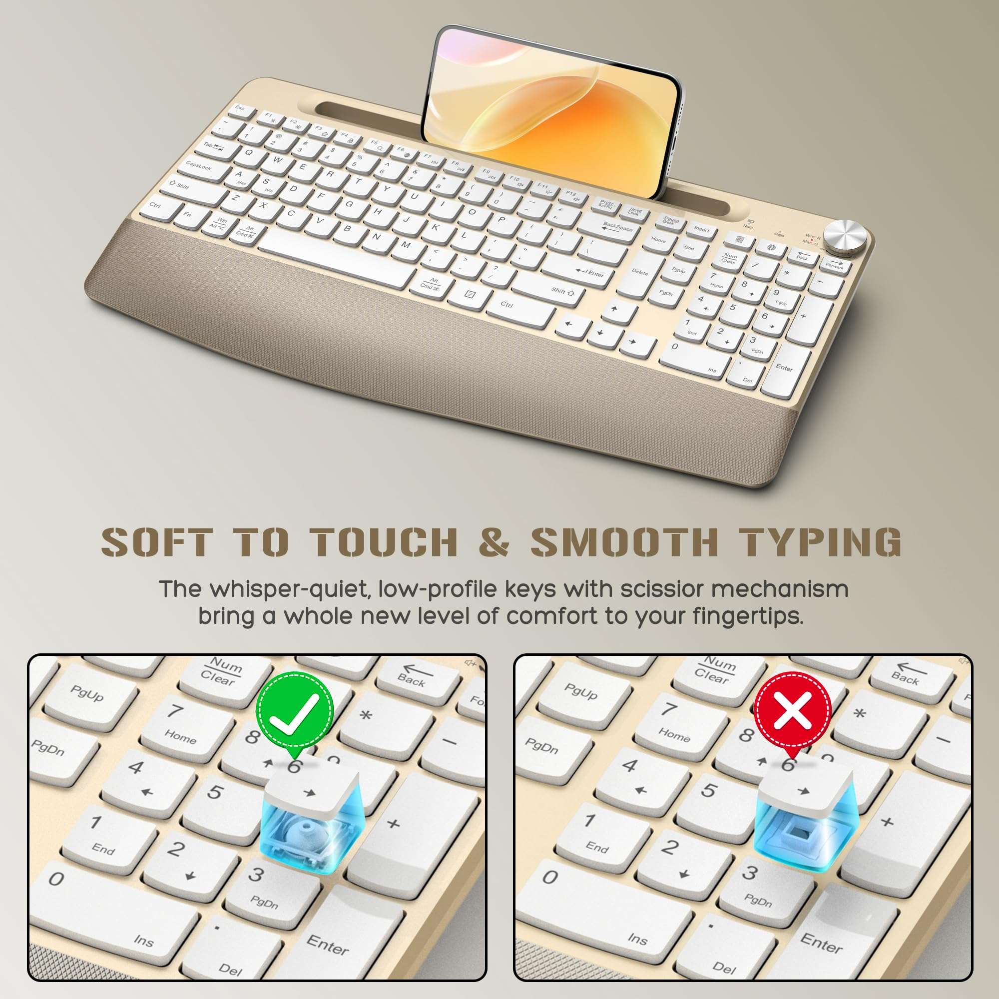 JOYACCESS Ergonomic Wireless Keyboard and Mouse Combo, Full-Sized Keyboard with Wrist Rest and Tablet Holder, Volume Roller for Computer PC Laptop-Gold&White 4