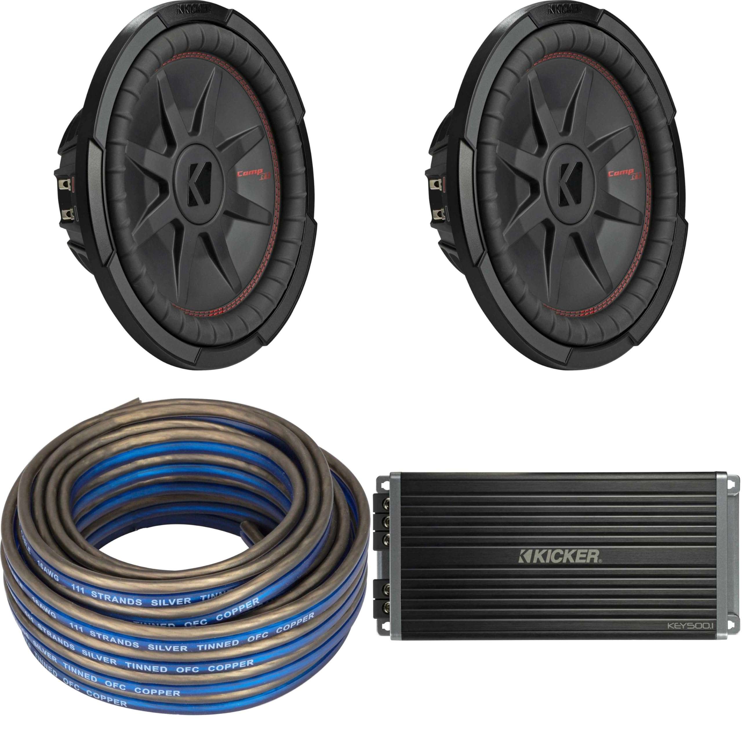 Kicker (2) 48CWRT122 CompRT 12" Subwoofer, DVC, 2-ohm w/ 47Key5001 Amp & Speaker Wire Bundle 1