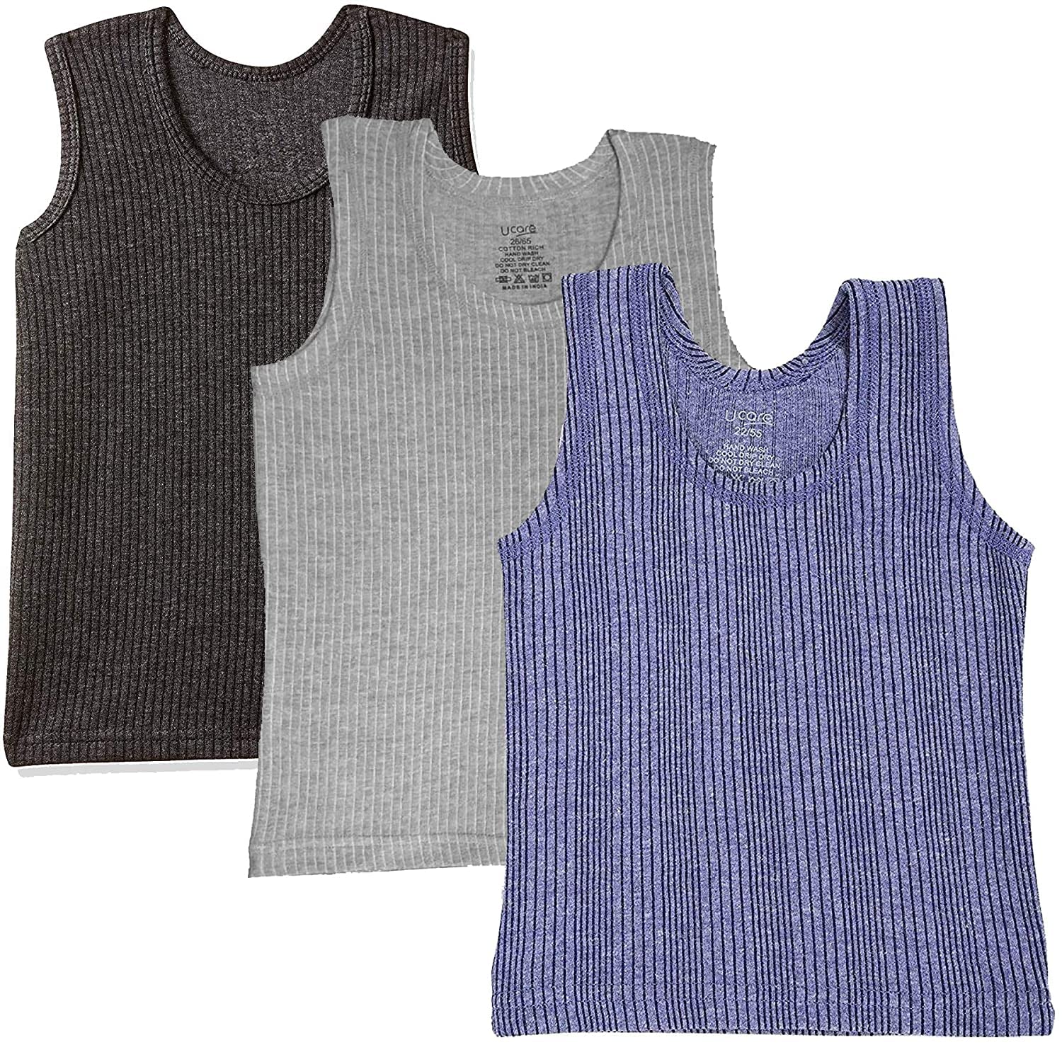 UCARE Cut Sleeve/Sleeveless Thermal Top for Kids Boys and Girls Kids Inner Wear Baniyan Unisex Printed Cotton Baby (Unisex) Winter wear Set (KV-305-Packof3) (Melange-Blue-Grey, 6 Months-12 Months)
