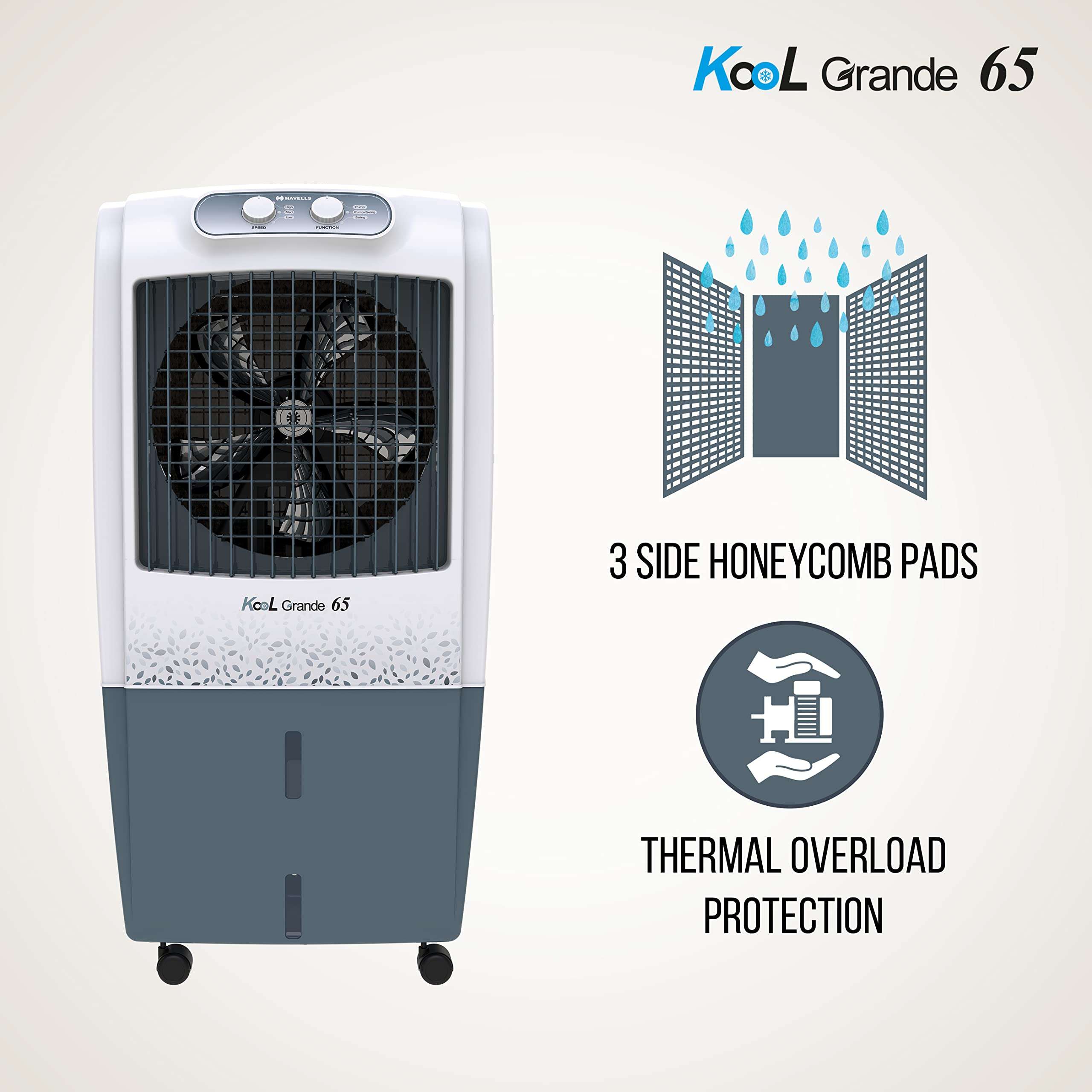 Havells Kool Grande 65L Air Cooler for home | Powerful Air Delivery | Everlast Pump | Ice Chamber, Thermal Overload Protection | 3 Side High Density Honeycomb Pads | Heavy Duty (White/Grey) 5