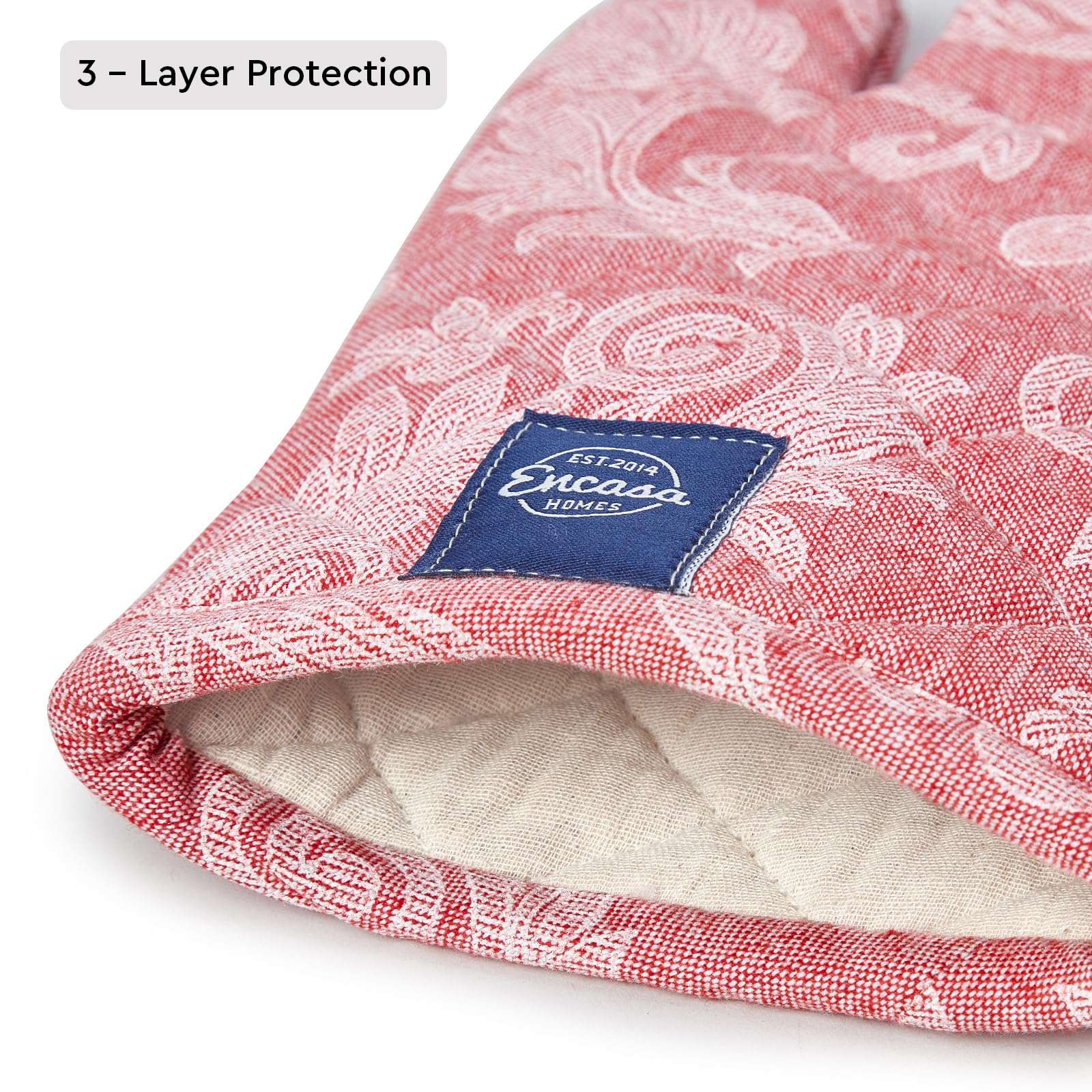 Encasa XO Oven Gloves Heat Proof | Microwave Cooking Mittens for Baking & Kitchen Use | 18x30 cm | Cotton Utensil Holder - Chambray Fabric (Pack of 2 - Red) 3