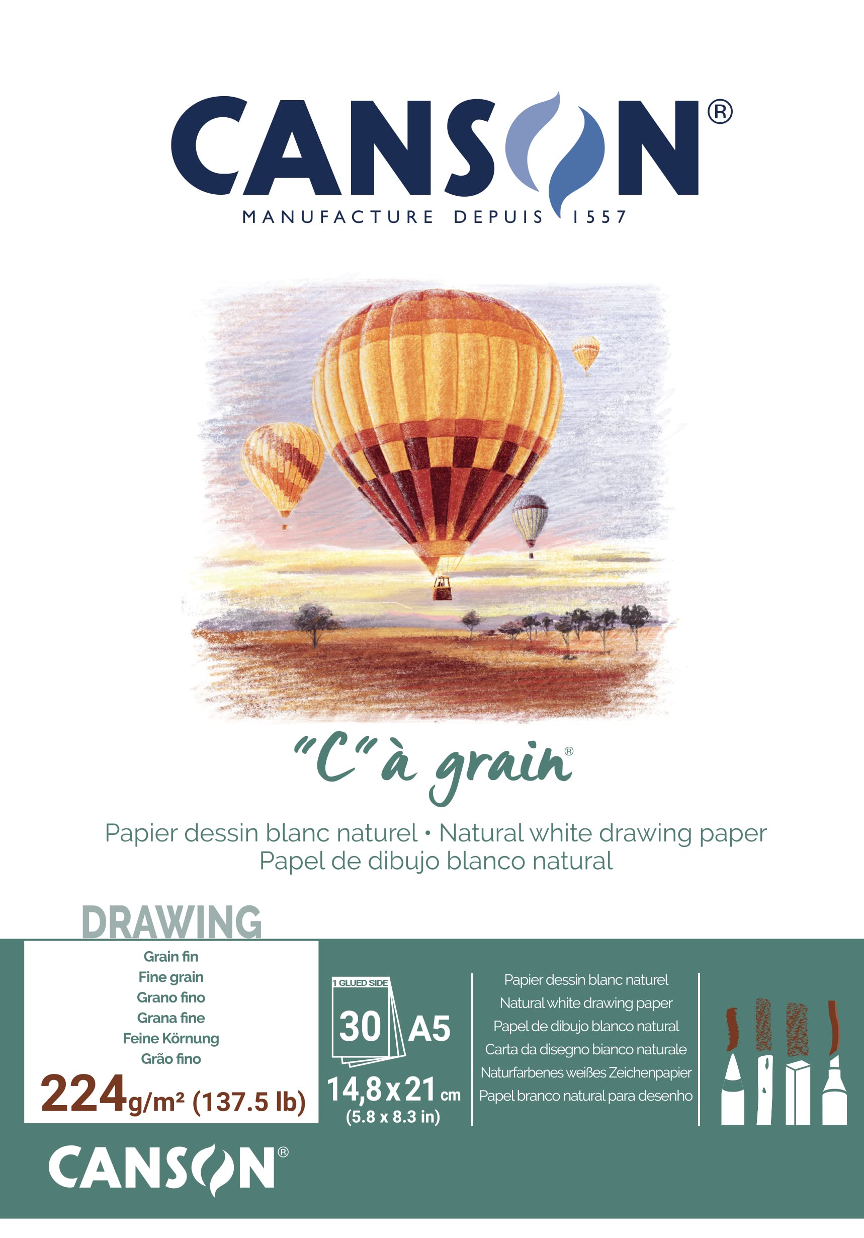 Canson C a Grain 224gsm Heavyweight Drawing Paper, fine Grain Texture, A5 pad Including 30 Sheets