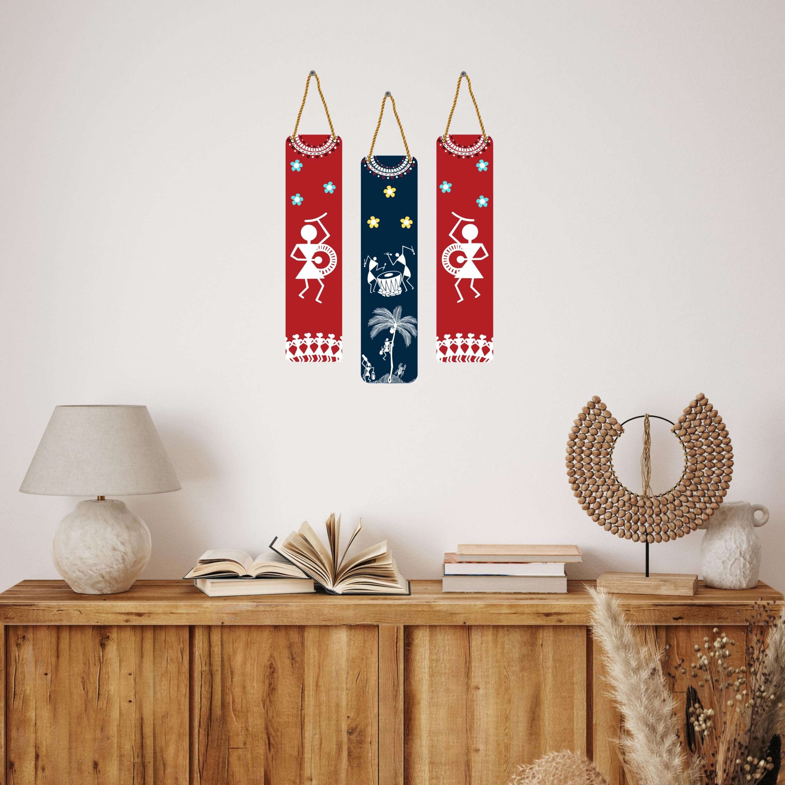 Karni Art - Traditional Warli Art Wooden Wall Hangings | Tribal Dance Design | Perfect Decorative item for Living Room, Bedroom, or Hotel | Ideal Gift for Home Decor Set of 3 4